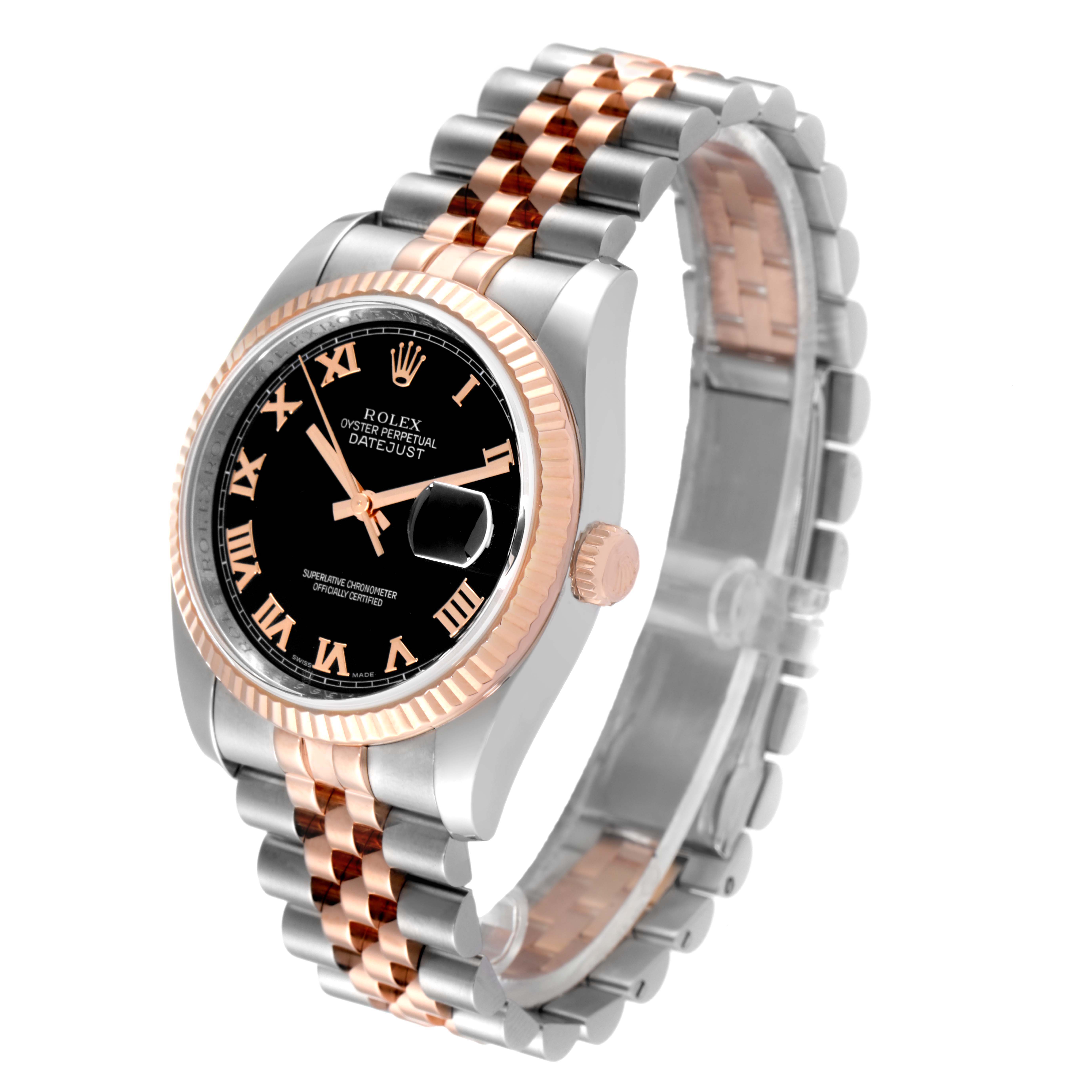 This image shows a Rolex Datejust 116231 Men's Steel and Gold (two tone) Black Dial 116231 Men's Steel and Gold (two tone) Black Dial watch at an angled side view, highlighting its two-tone bracelet, bezel, crown, and face.