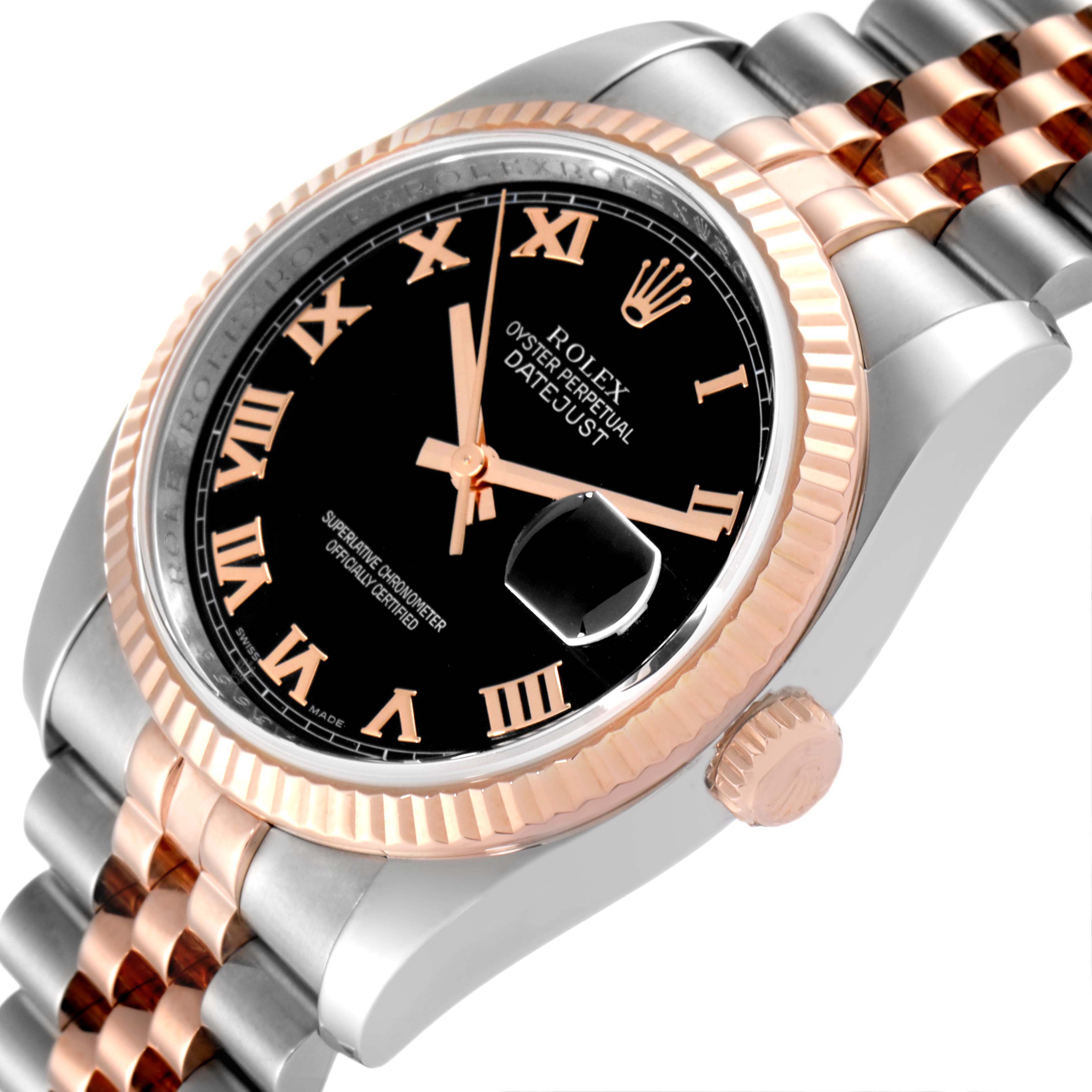 This Rolex Datejust 116231 Men's Steel and Gold (two tone) Black Dial 116231 Men's Steel and Gold (two tone) Black Dial watch is shown at an angle highlighting its dial, bezel, crown, and Jubilee bracelet.