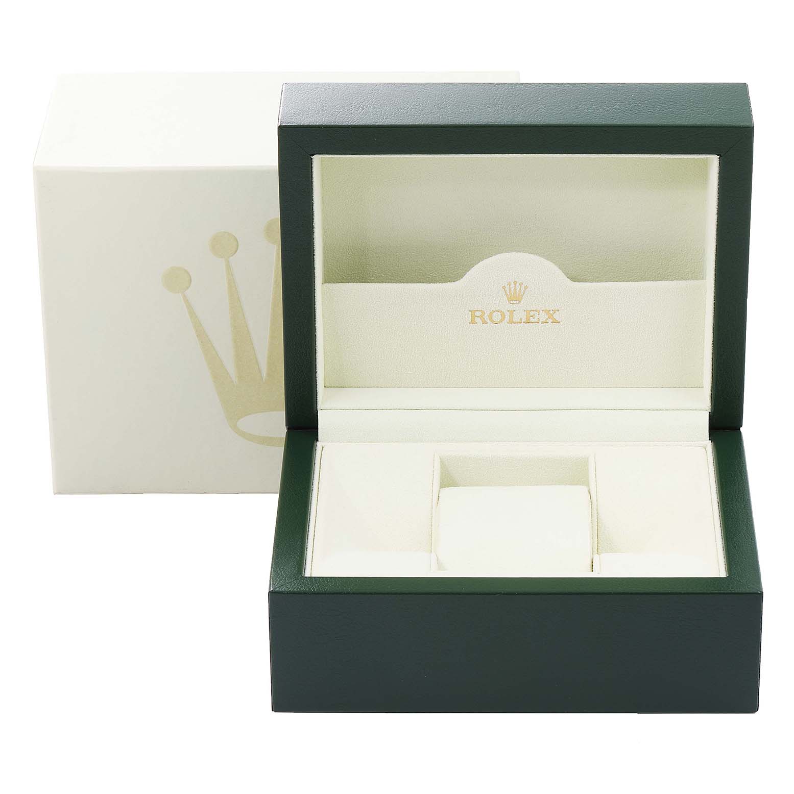 The image shows an open Rolex Datejust 116231 Men's Steel and Gold (two tone) Black Dial 116231 Men's Steel and Gold (two tone) Black Dial watch box with an outer protective case behind it.