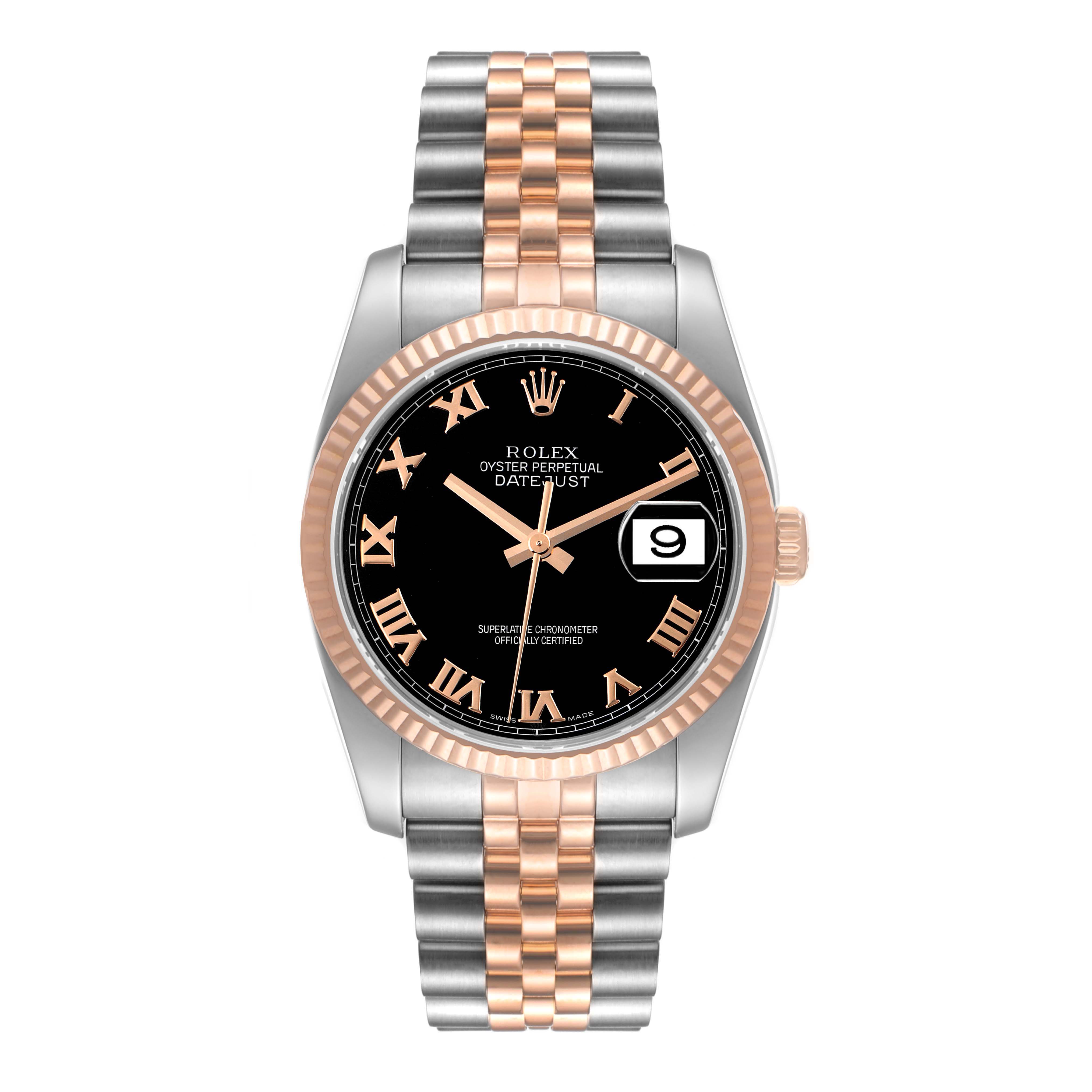The Rolex Datejust 116231 Men's Steel and Gold (two tone) Black Dial 116231 Men's Steel and Gold (two tone) Black Dial watch is shown from a top-down angle, highlighting its black dial, Roman numerals, and two-tone bracelet.