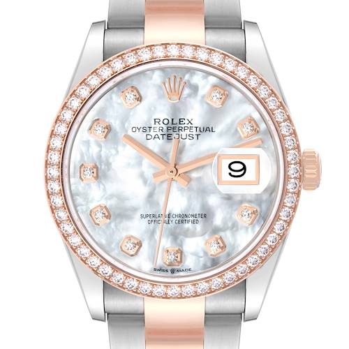 Photo of Rolex Datejust 36 Steel Rose Gold Mother of Pearl Diamond Mens Watch 126281 Box Card
