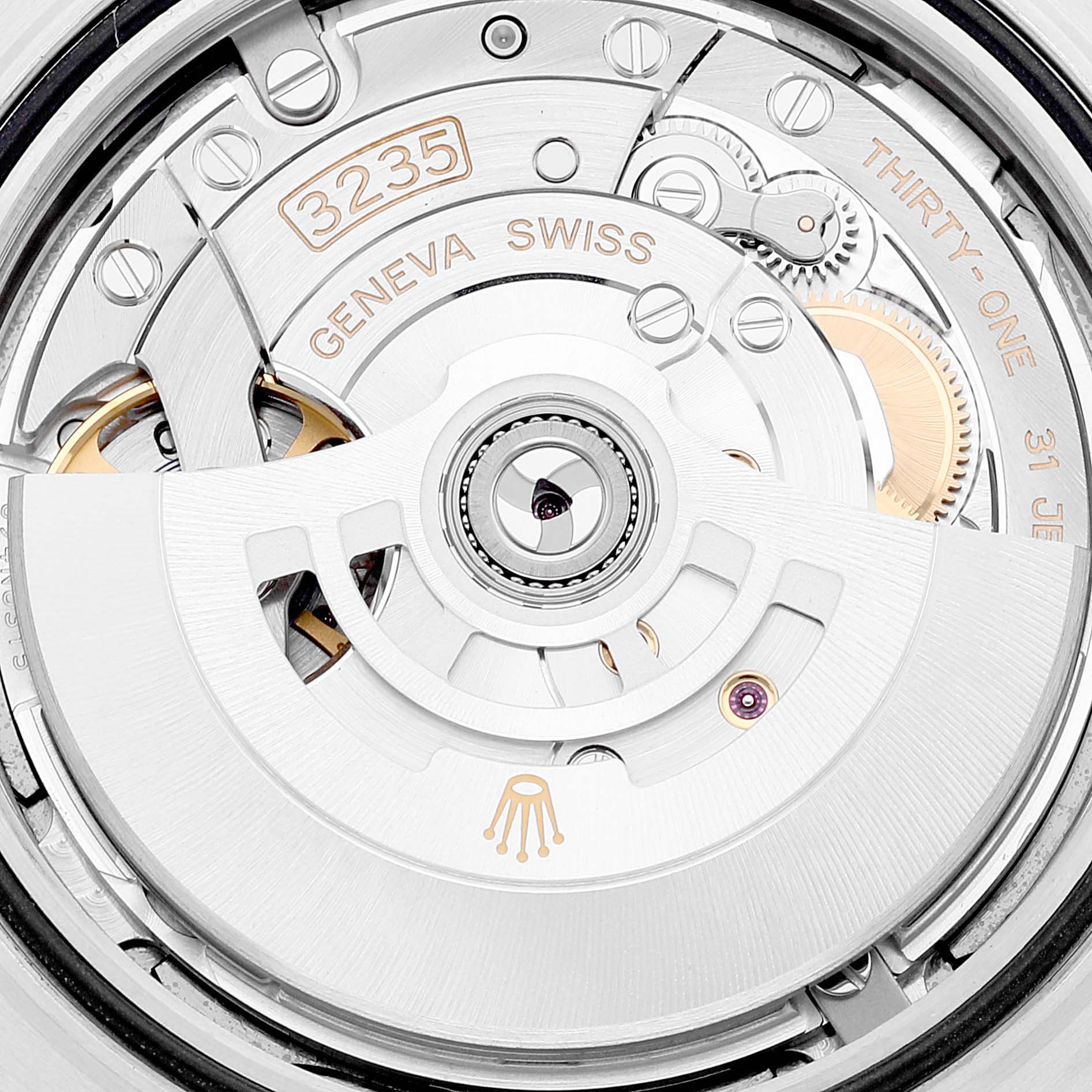 This is a close-up view of the movement inside the Rolex Datejust 41 126300 Men
s Stainless Steel Grey Dial 126300 Men
s Stainless Steel Grey Dial, detailing the rotor and intricate mechanics.