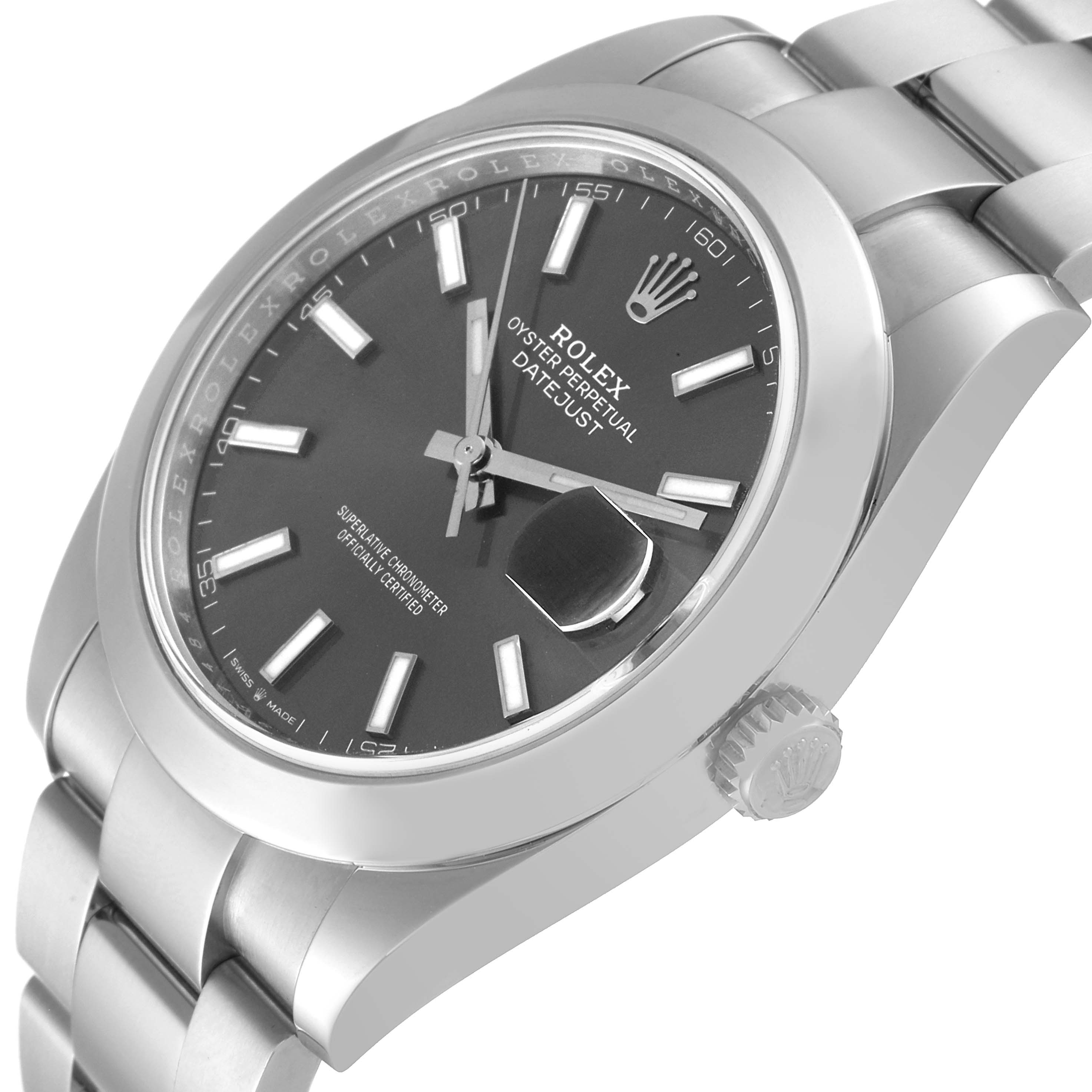 The image shows a close-up angle of the Rolex Datejust 41 126300 Men
s Stainless Steel Grey Dial 126300 Men
s Stainless Steel Grey Dial watch, highlighting the dial, bezel, crown, and part of the bracelet.