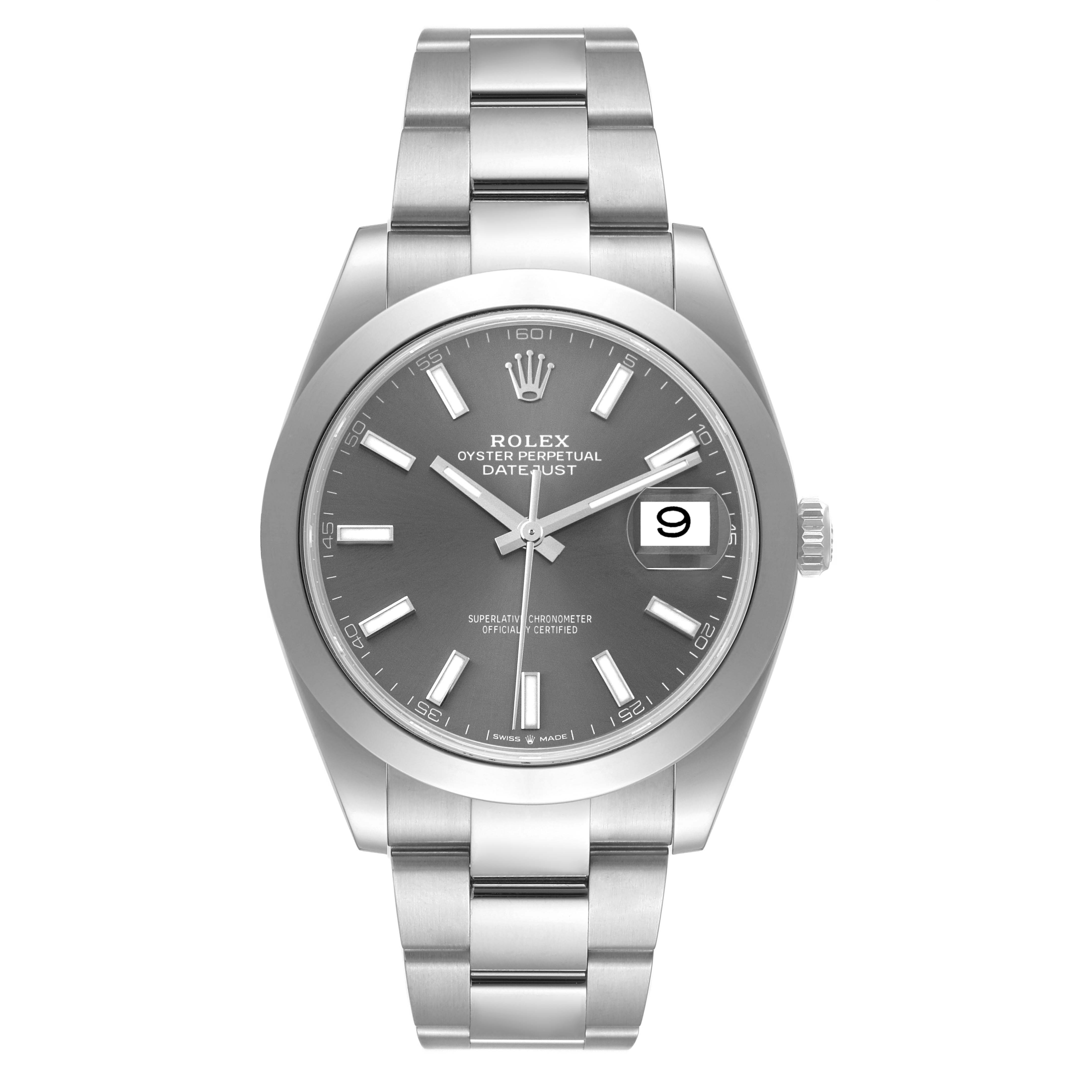 The Rolex Datejust 41 126300 Men
s Stainless Steel Grey Dial 126300 Men
s Stainless Steel Grey Dial is shown from a front angle, highlighting its dial, bracelet, and date feature.