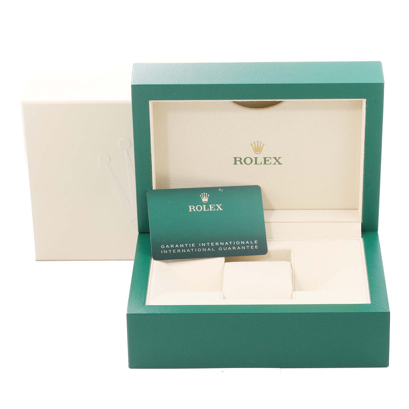 This image displays the opened packaging box for a Rolex Datejust 41 126300 Men
s Stainless Steel Grey Dial 126300 Men
s Stainless Steel Grey Dial, along with the international guarantee card.