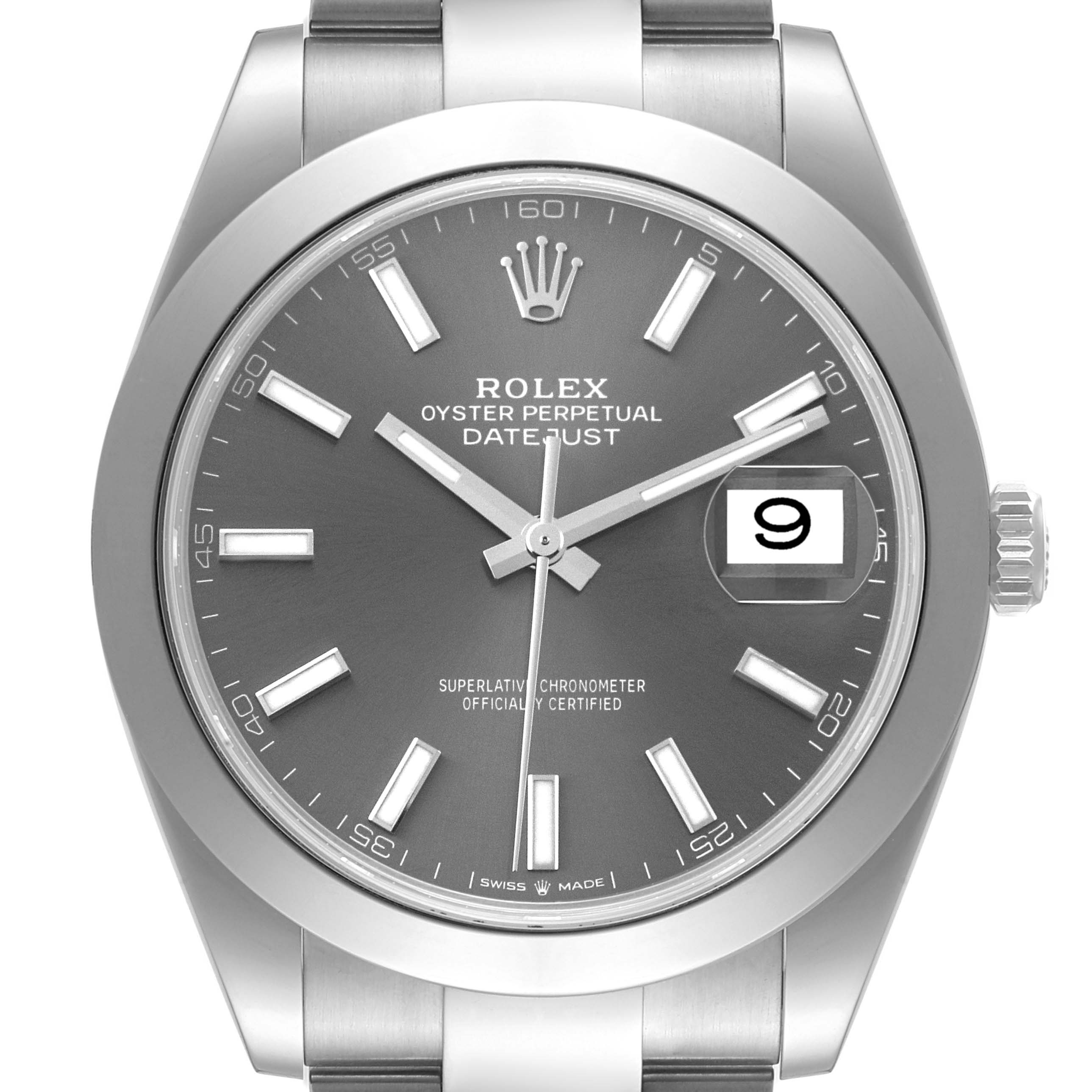 The image shows a front view of a Rolex Datejust 41 126300 Men
s Stainless Steel Grey Dial 126300 Men
s Stainless Steel Grey Dial watch, highlighting the dial, hands, date window, and part of the bracelet.