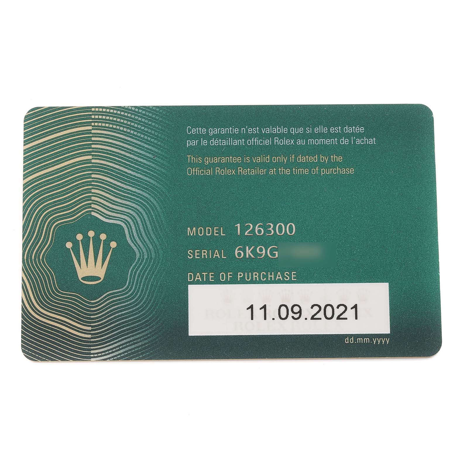 This image shows the warranty card for a Rolex Datejust 41 126300 Men
s Stainless Steel Grey Dial 126300 Men
s Stainless Steel Grey Dial model 126300, including serial number and purchase date.