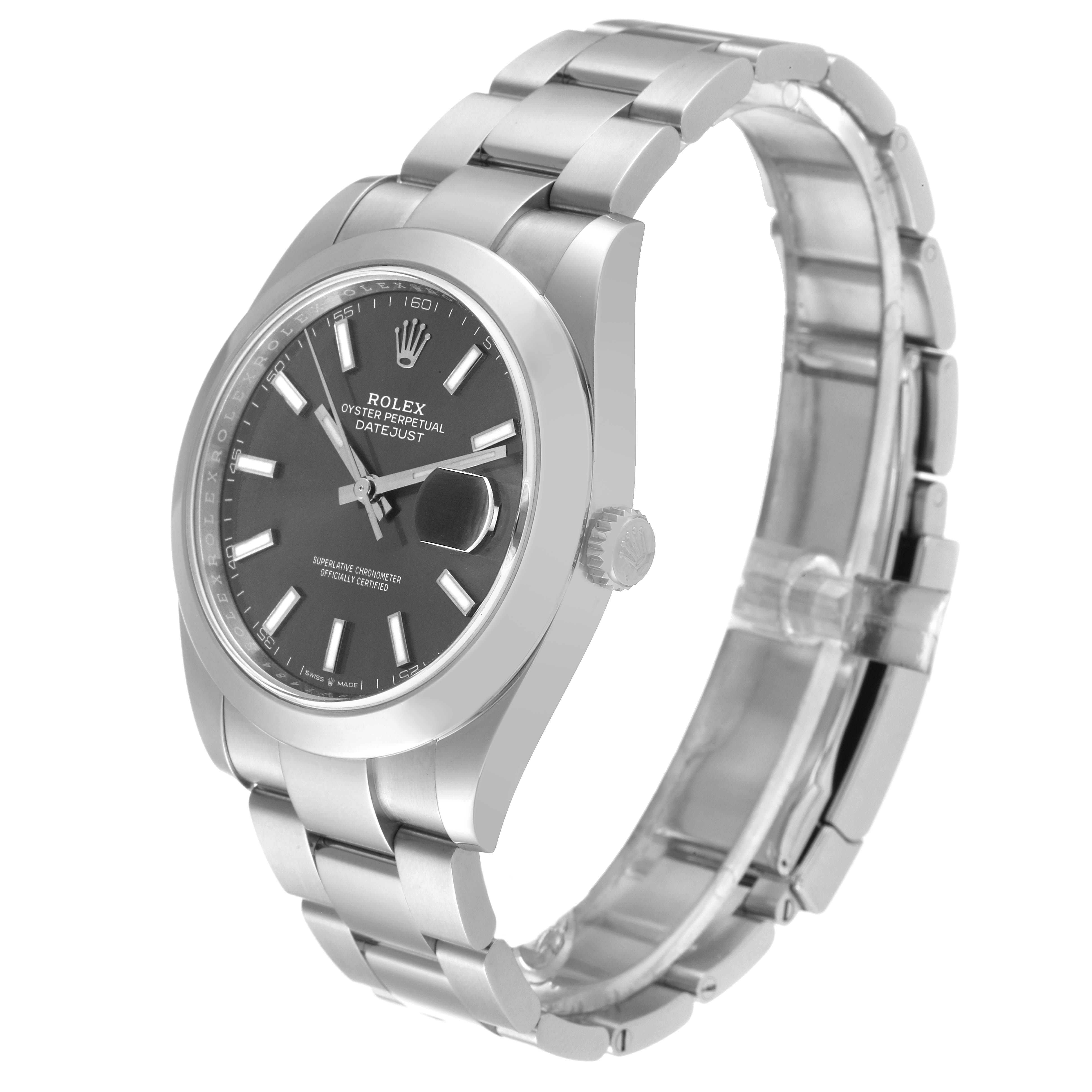 The image shows a Rolex Datejust 41 126300 Men
s Stainless Steel Grey Dial 126300 Men
s Stainless Steel Grey Dial watch at an angled side view, highlighting its bracelet, case, dial, and crown.