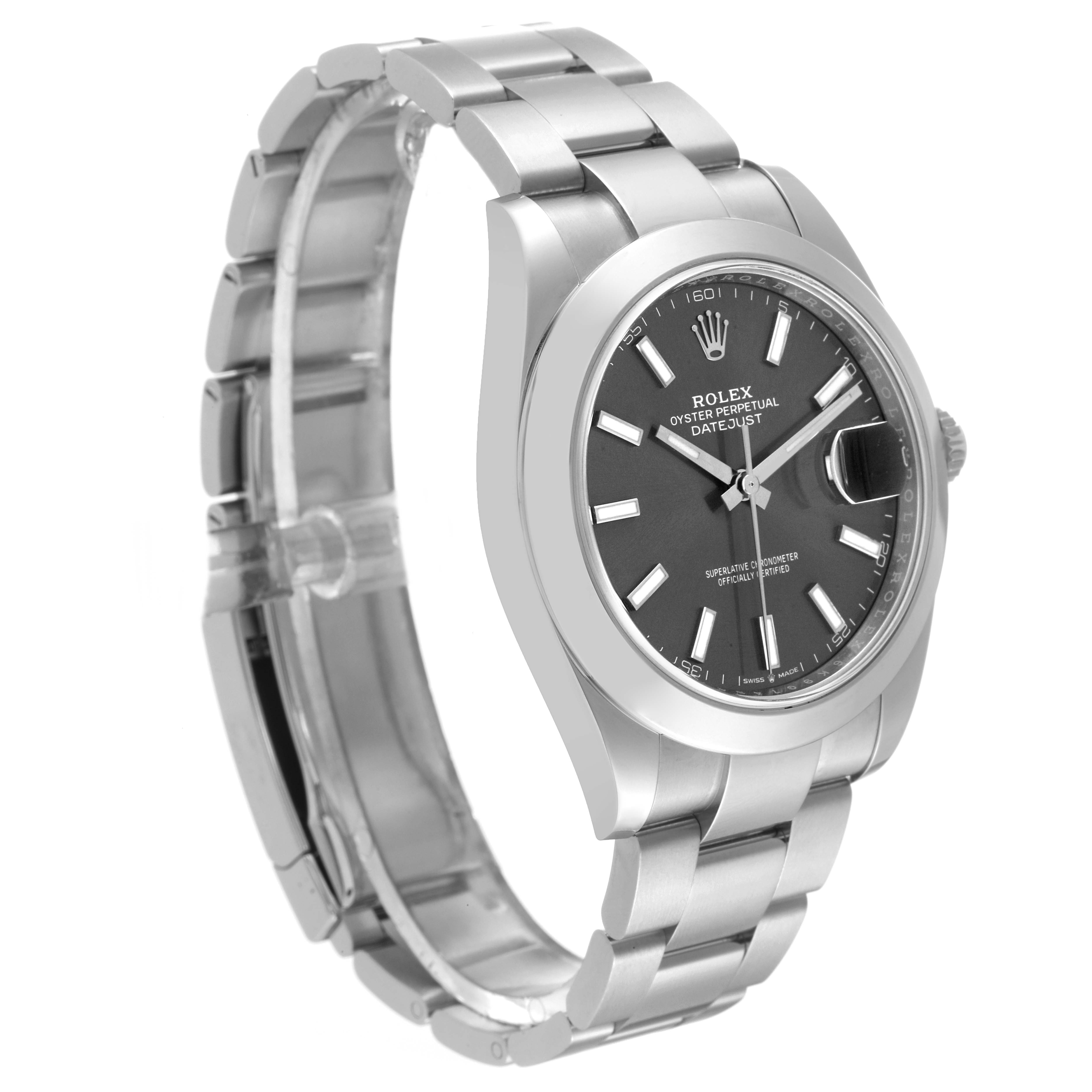 This image shows a side angle view of a Rolex Datejust 41 126300 Men
s Stainless Steel Grey Dial 126300 Men
s Stainless Steel Grey Dial, highlighting its dial and bracelet.