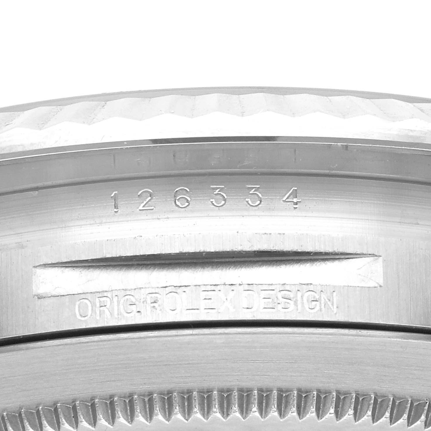 This image shows a close-up view of the case and reference number engraving of the Rolex Datejust 41 M126334-0018 Men's Stainless Steel Black Dial M126334-0018 Men's Stainless Steel Black Dial watch.