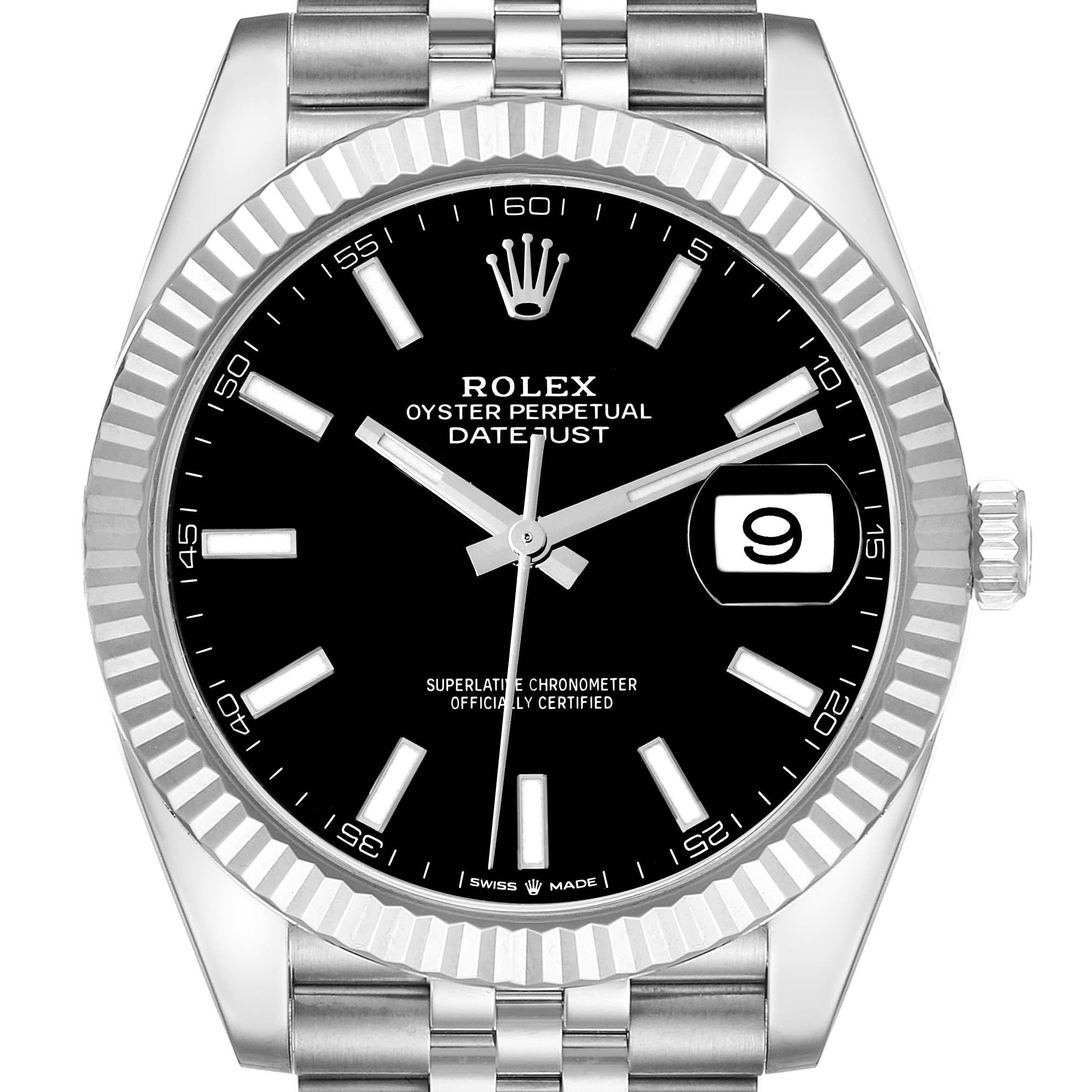 The image shows a frontal view of the Rolex Datejust 41 M126334-0018 Men's Stainless Steel Black Dial M126334-0018 Men's Stainless Steel Black Dial, highlighting its black dial, silver hands, date window, and fluted bezel.