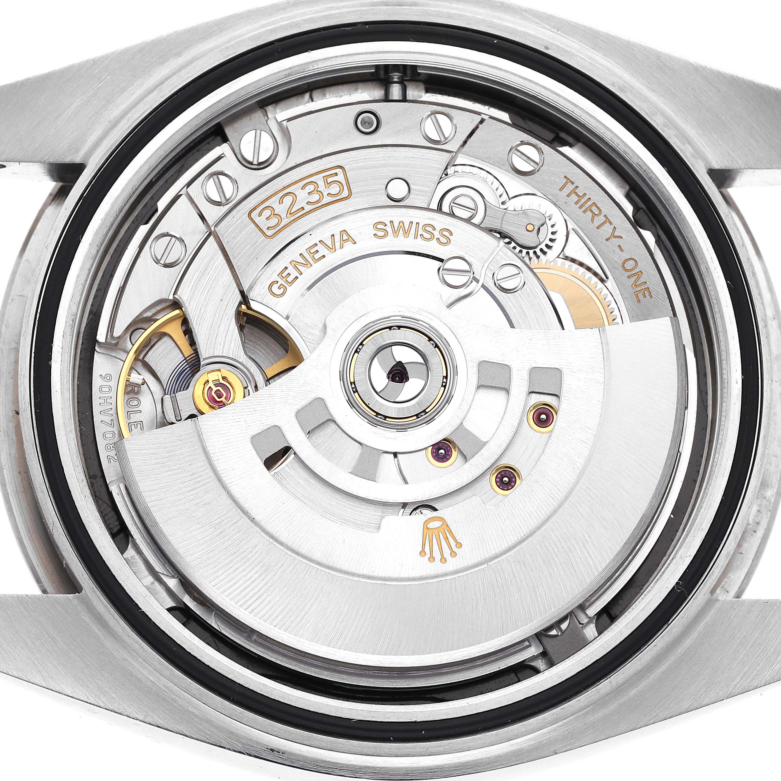 The image shows the internal movement mechanism of a Rolex Datejust 41 M126334-0018 Men's Stainless Steel Black Dial M126334-0018 Men's Stainless Steel Black Dial, specifically the caliber 3235, viewed from the back.