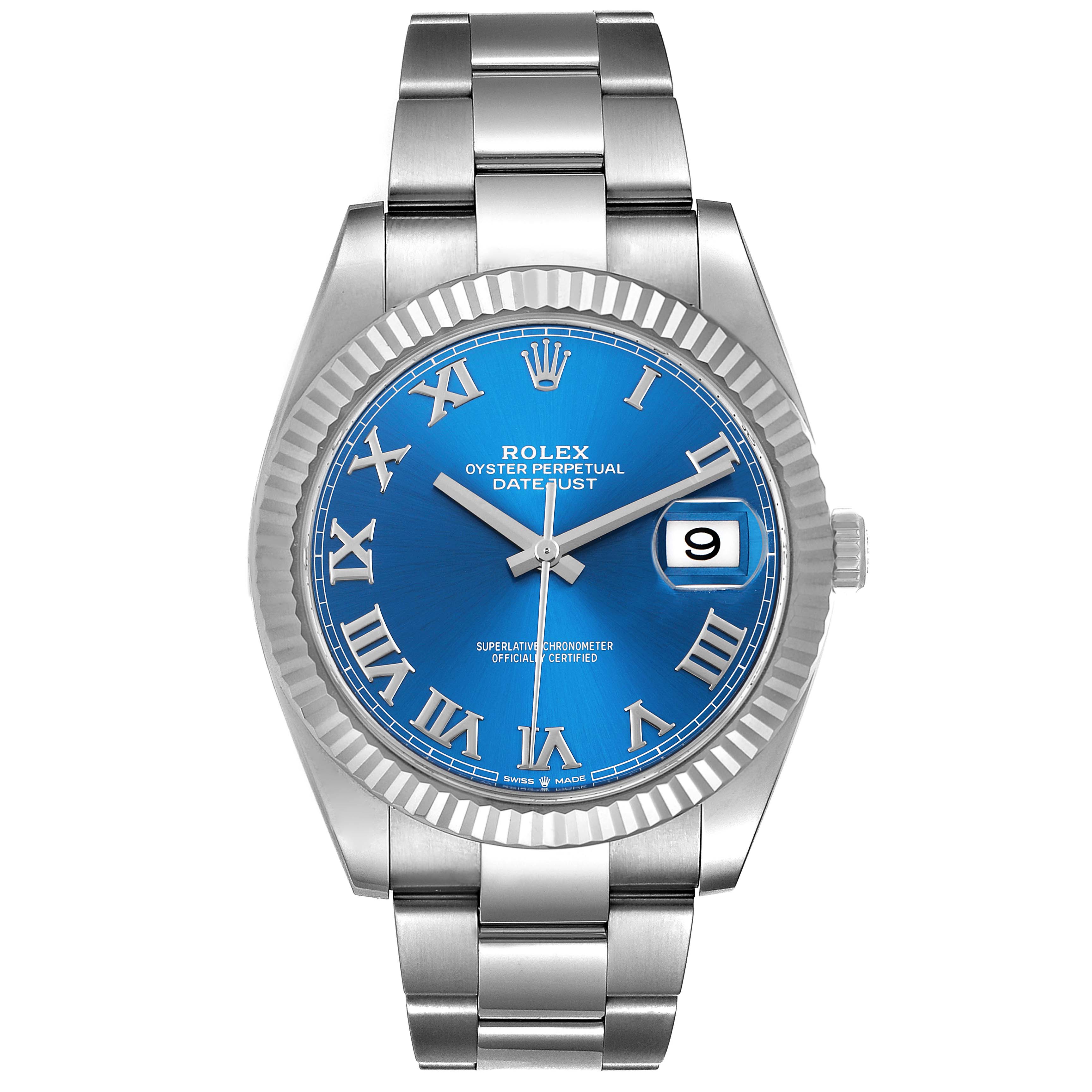 The image shows a front view of the Rolex Datejust 41 126334 Men's Stainless Steel Blue Dial 126334 Men's Stainless Steel Blue Dial watch, highlighting its blue dial, Roman numerals, date window, and Oyster bracelet.