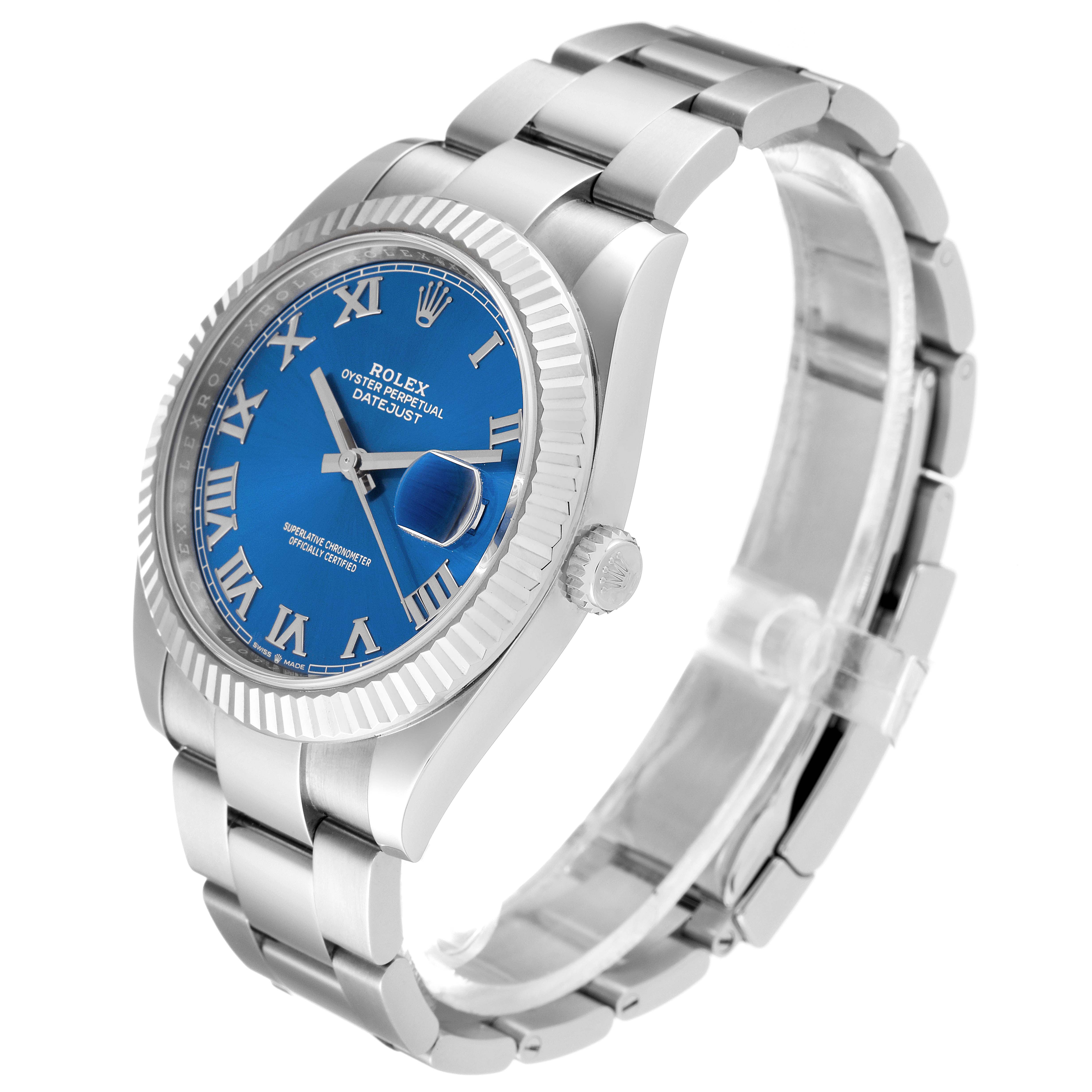The image shows a side view of the Rolex Datejust 41 126334 Men's Stainless Steel Blue Dial 126334 Men's Stainless Steel Blue Dial watch, highlighting the dial, bezel, case, and bracelet.