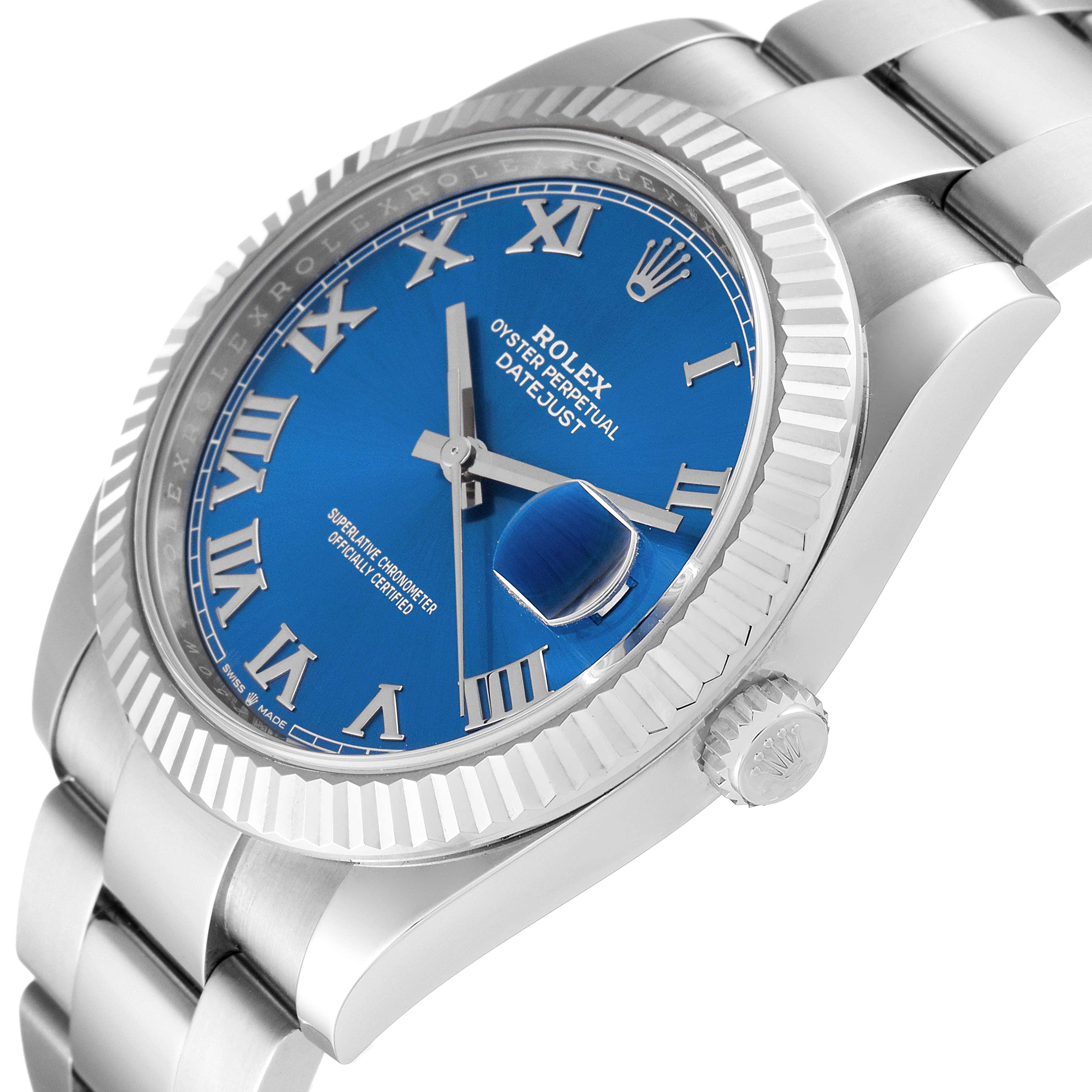 This image shows a side view of the Rolex Datejust 41 126334 Men's Stainless Steel Blue Dial 126334 Men's Stainless Steel Blue Dial, highlighting its bezel, blue dial, and part of the bracelet.