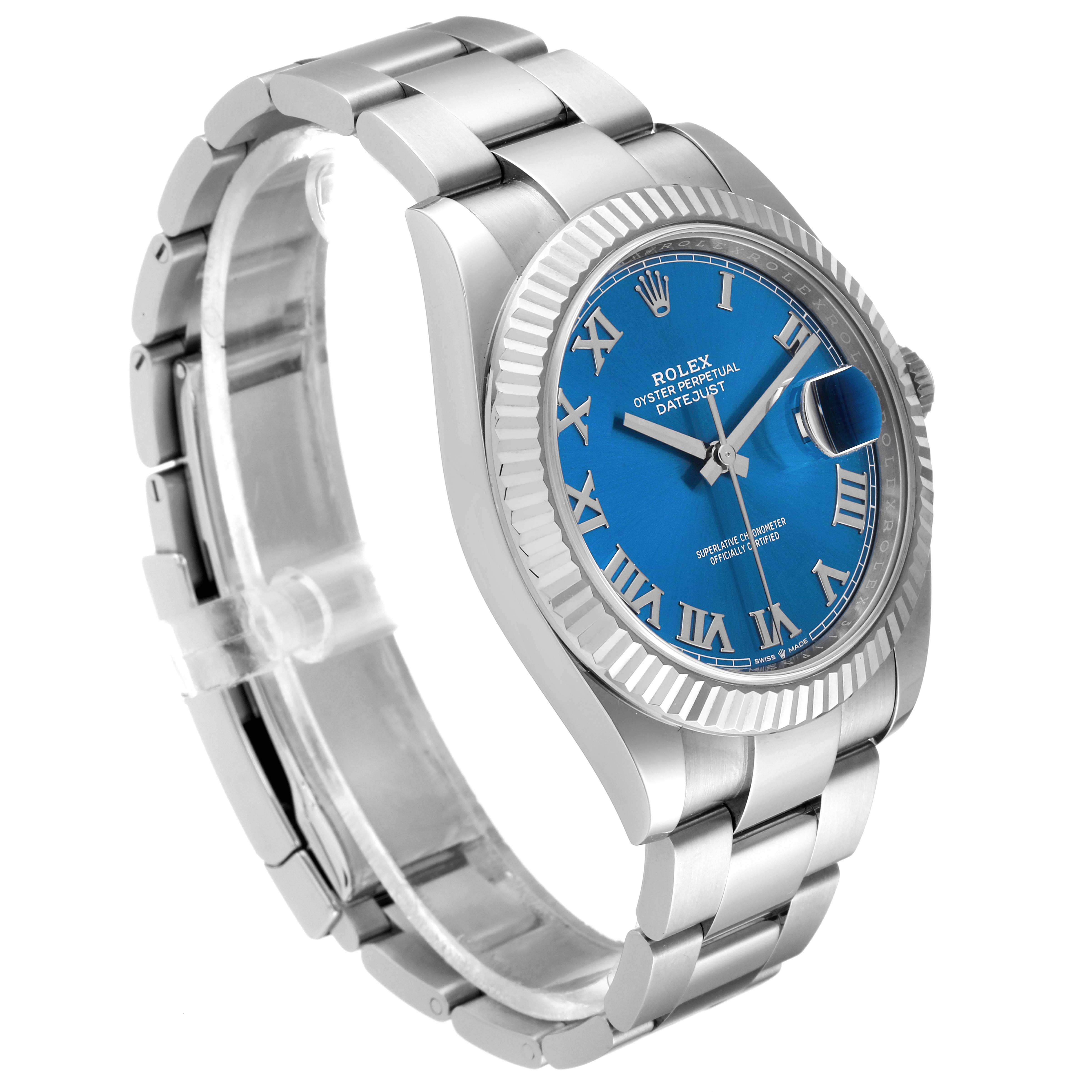 The image shows a Rolex Datejust 41 126334 Men's Stainless Steel Blue Dial 126334 Men's Stainless Steel Blue Dial watch at an angled side view, highlighting its blue dial, fluted bezel, and bracelet.
