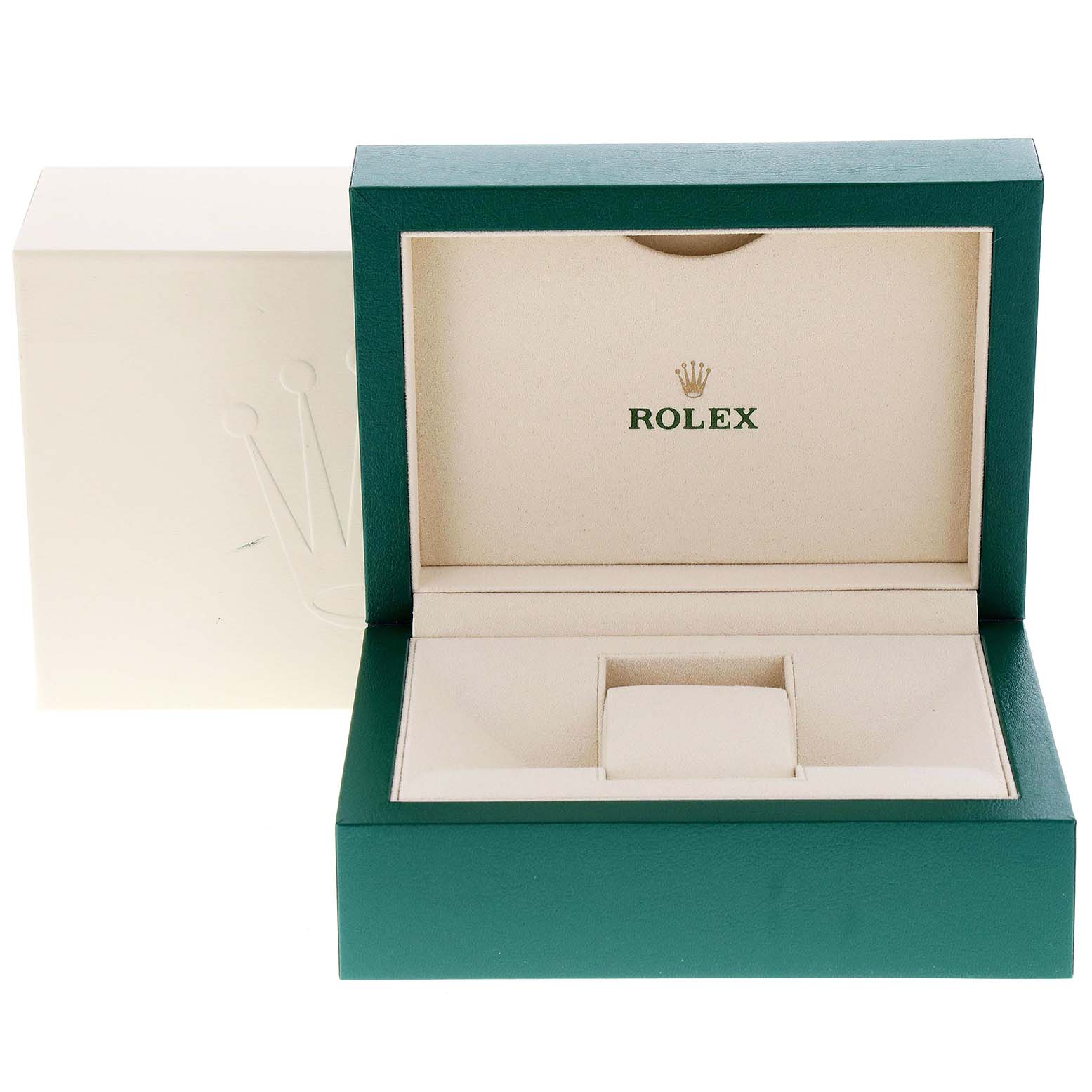 The image shows an open Rolex Datejust 41 126334 Men's Stainless Steel Blue Dial 126334 Men's Stainless Steel Blue Dial watch box with the interior and exterior visible.
