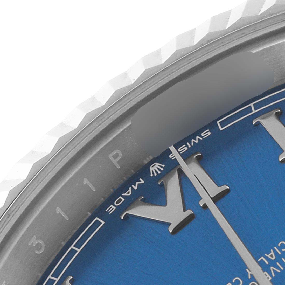 The image shows a close-up of the dial, bezel, and part of the second hand of a Rolex Datejust 41 126334 Men's Stainless Steel Blue Dial 126334 Men's Stainless Steel Blue Dial watch.