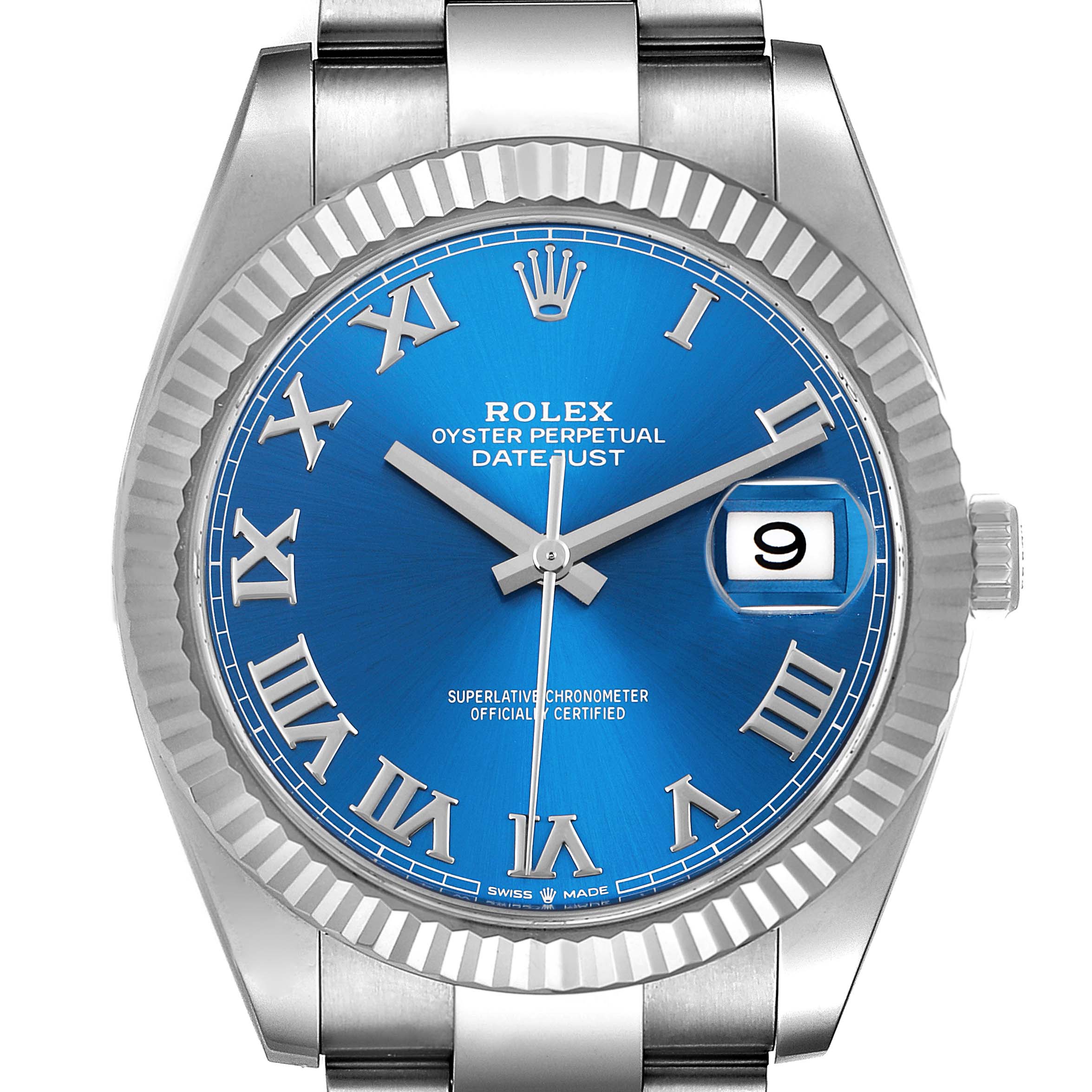 The Rolex Datejust 41 126334 Men's Stainless Steel Blue Dial 126334 Men's Stainless Steel Blue Dial watch is shown from a front angle, highlighting its blue dial, Roman numerals, and date window.