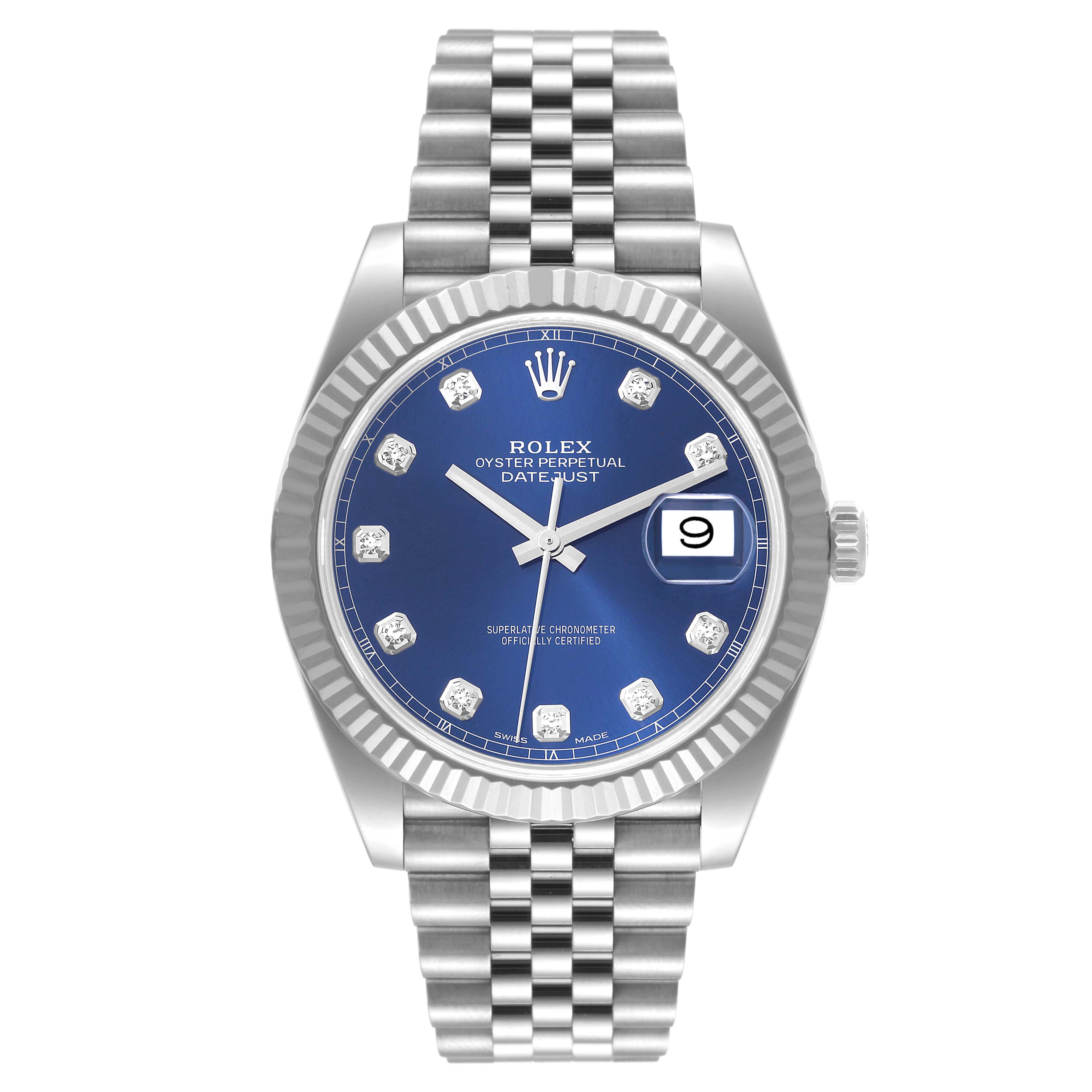 The Rolex Datejust 41 126334 Men
s Stainless Steel Blue Dial 126334 Men
s Stainless Steel Blue Dial watch is shown from a front angle, highlighting its blue dial, fluted bezel, and Jubilee bracelet.