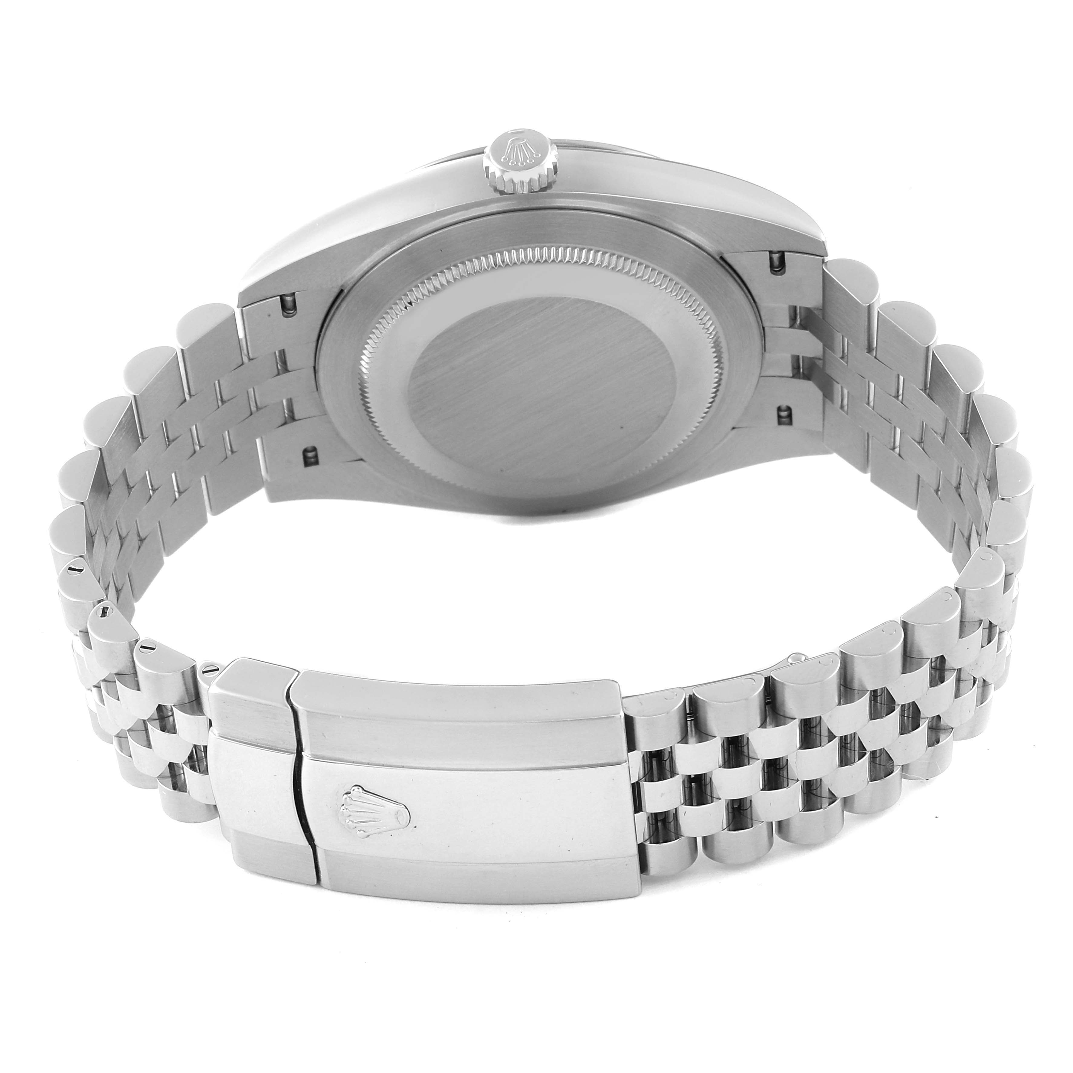 The image shows the back view of a Rolex Datejust 41 126334 Men
s Stainless Steel Blue Dial 126334 Men
s Stainless Steel Blue Dial watch, highlighting the case back and metal bracelet clasp.