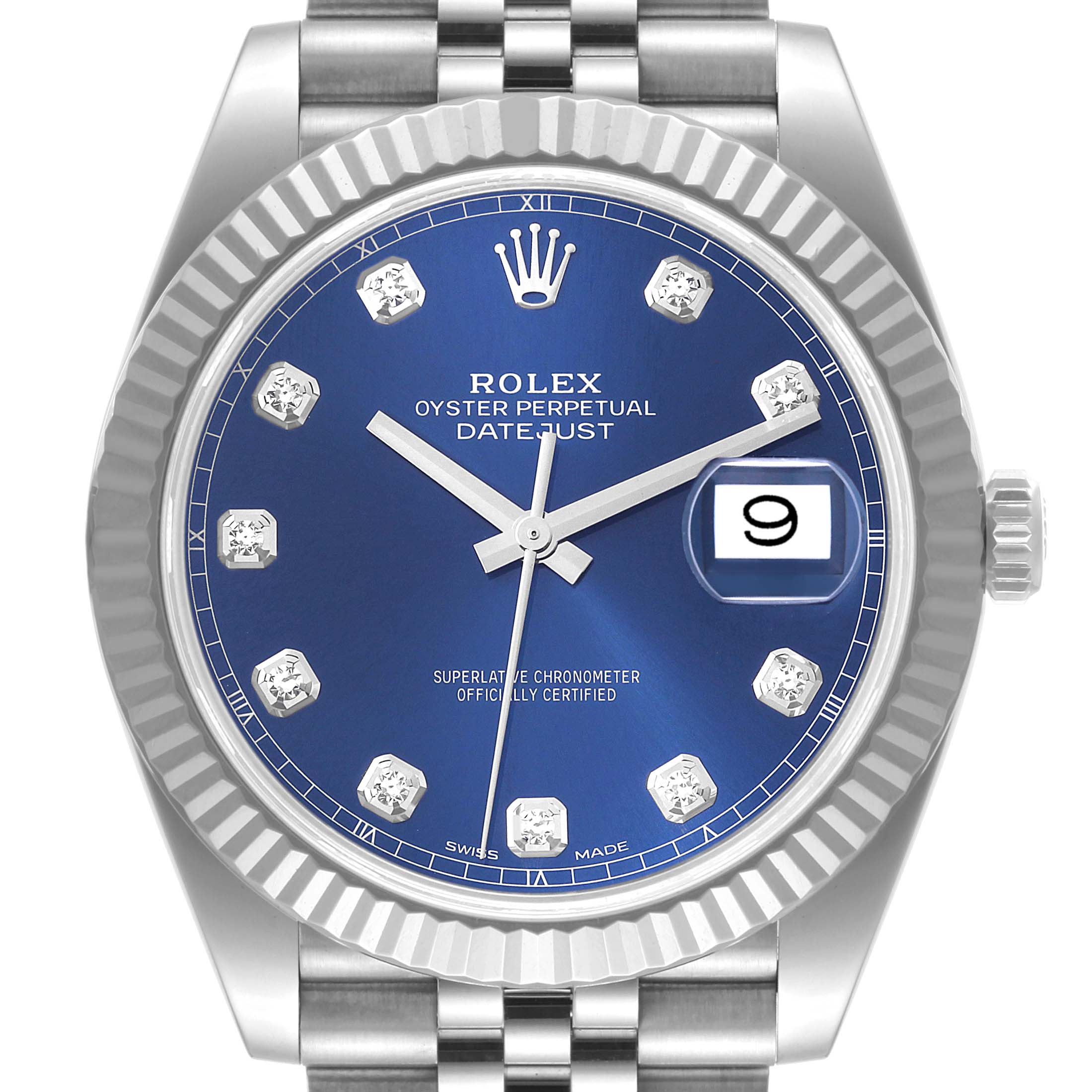 The image shows a close-up front view of the dial and bezel of a Rolex Datejust 41 126334 Men
s Stainless Steel Blue Dial 126334 Men
s Stainless Steel Blue Dial watch.