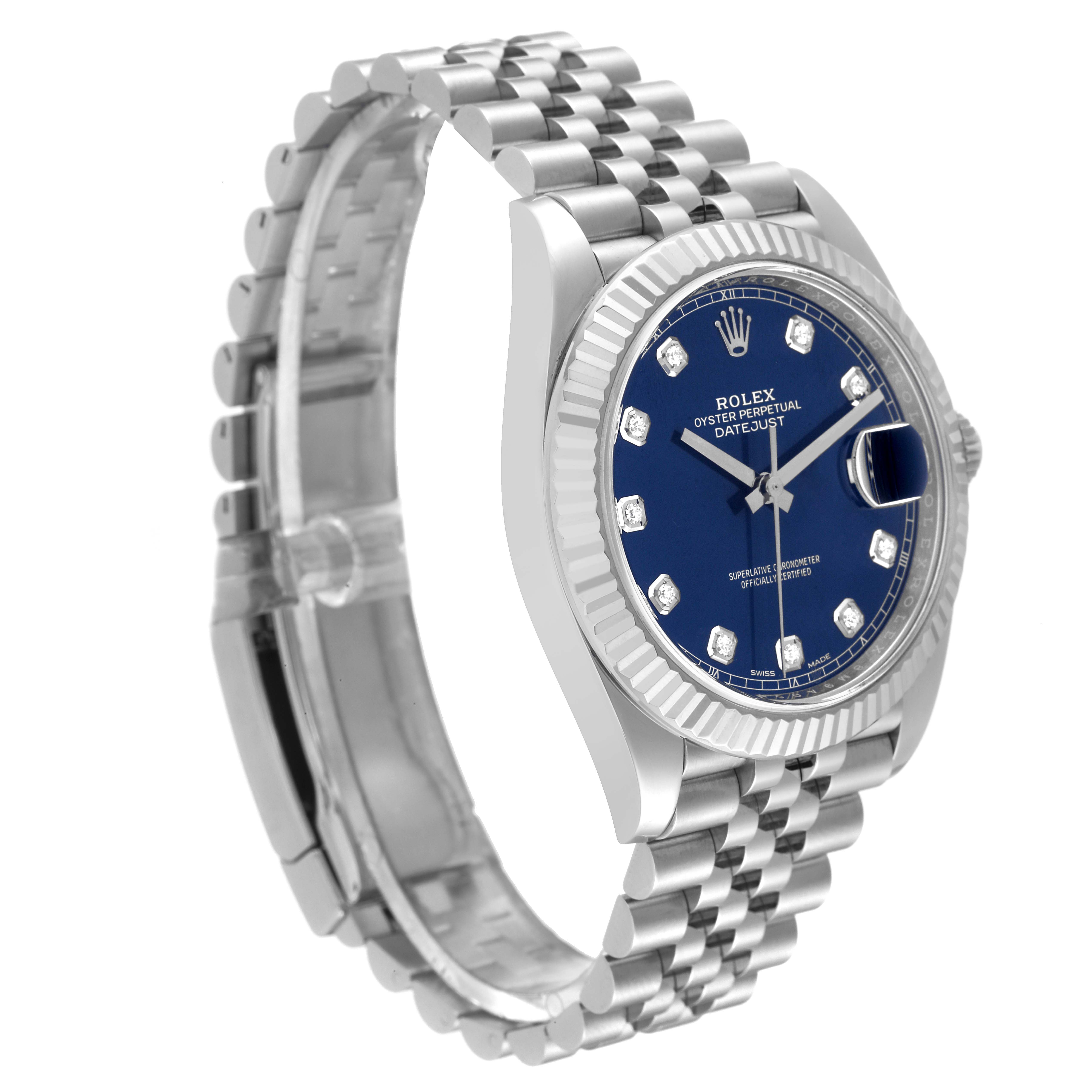 The image shows a side angle of the Rolex Datejust 41 126334 Men
s Stainless Steel Blue Dial 126334 Men
s Stainless Steel Blue Dial watch, highlighting its bezel, dial, and bracelet.