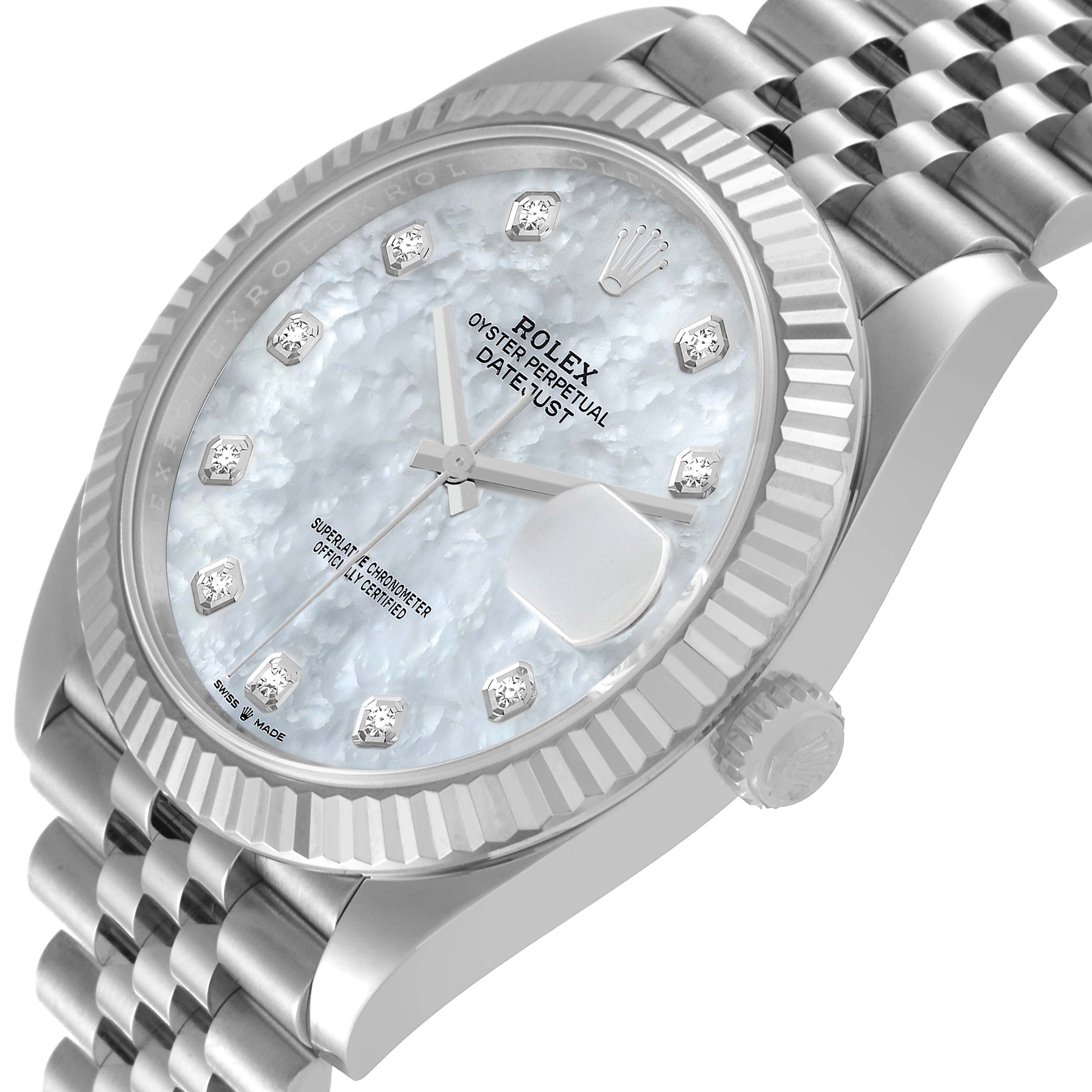 The Rolex Datejust 41 126334 Men's Stainless Steel Mother of Pearl Dial 126334 Men's Stainless Steel Mother of Pearl Dial is shown at a slight angle, highlighting the dial, fluted bezel, and Jubilee bracelet.