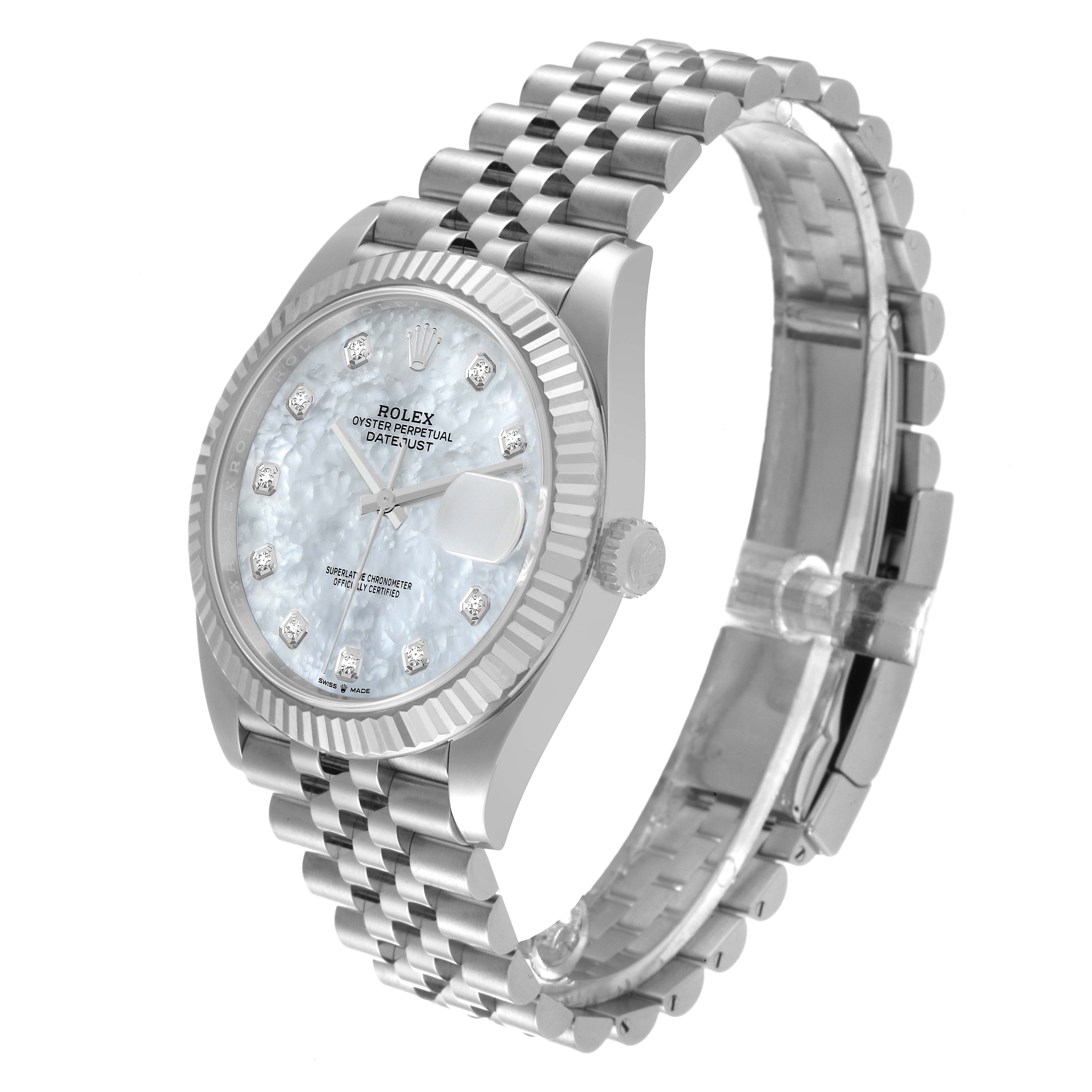 The image shows a Rolex Datejust 41 126334 Men's Stainless Steel Mother of Pearl Dial 126334 Men's Stainless Steel Mother of Pearl Dial watch at a three-quarter angle, highlighting its dial, fluted bezel, and Jubilee bracelet.