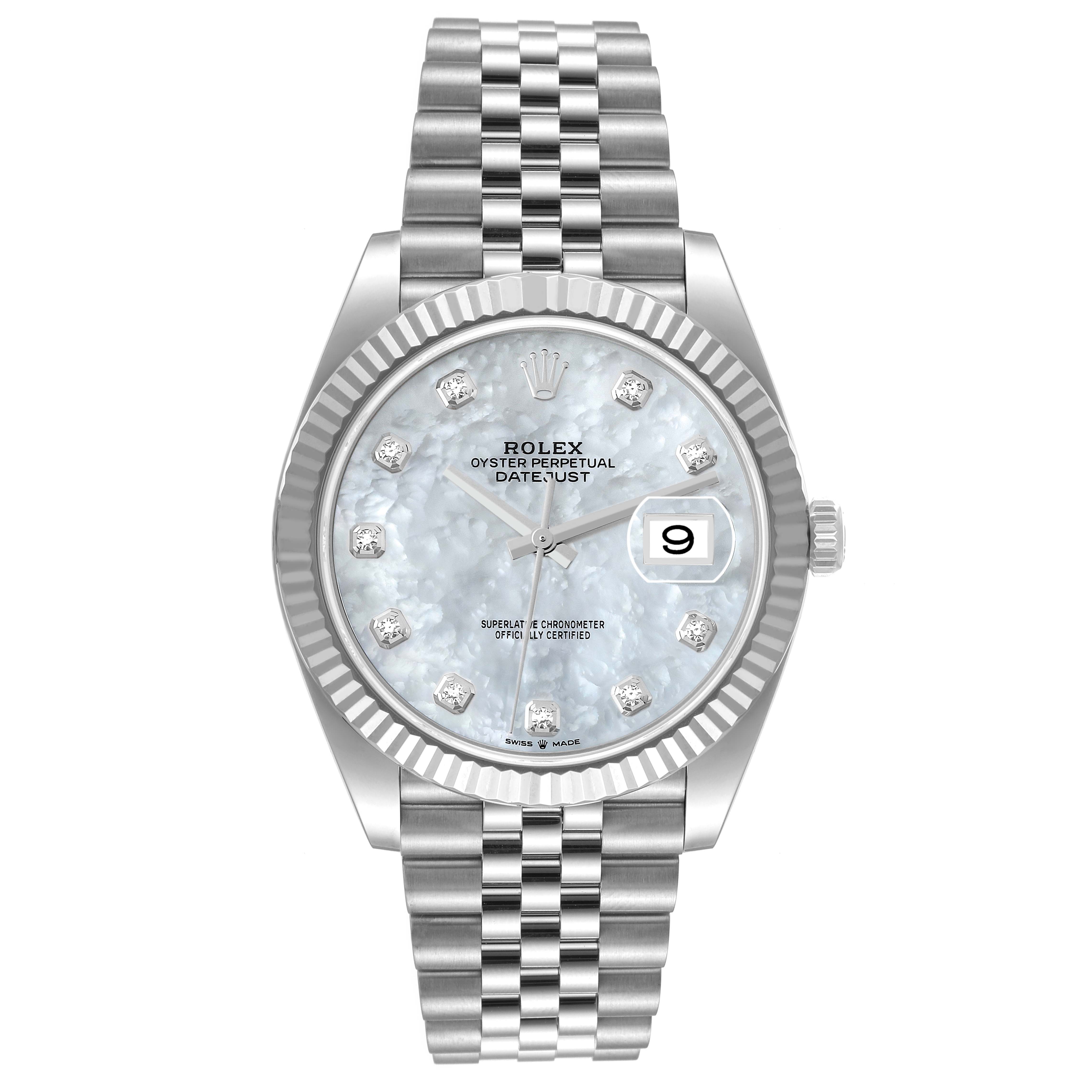 The Rolex Datejust 41 126334 Men's Stainless Steel Mother of Pearl Dial 126334 Men's Stainless Steel Mother of Pearl Dial model is shown from a frontal angle, featuring its dial, fluted bezel, and Jubilee bracelet.