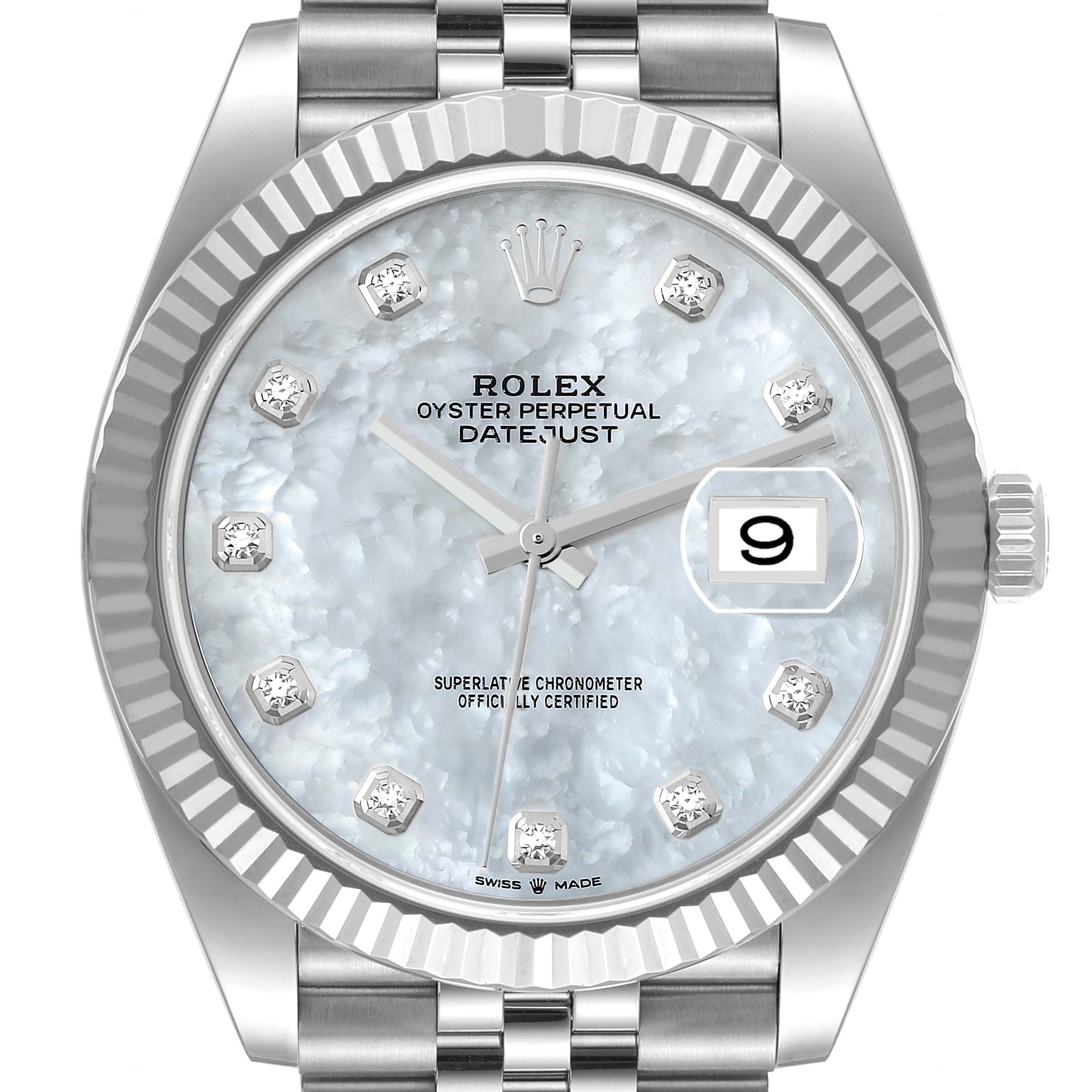 The image shows a front view of a Rolex Datejust 41 126334 Men's Stainless Steel Mother of Pearl Dial 126334 Men's Stainless Steel Mother of Pearl Dial watch face with diamond hour markers and a date window.