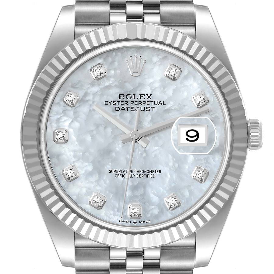 Rolex Datejust 41 Steel White Gold Mother Of Pearl Diamond Dial Mens Watch 126334 Box Card SwissWatchExpo