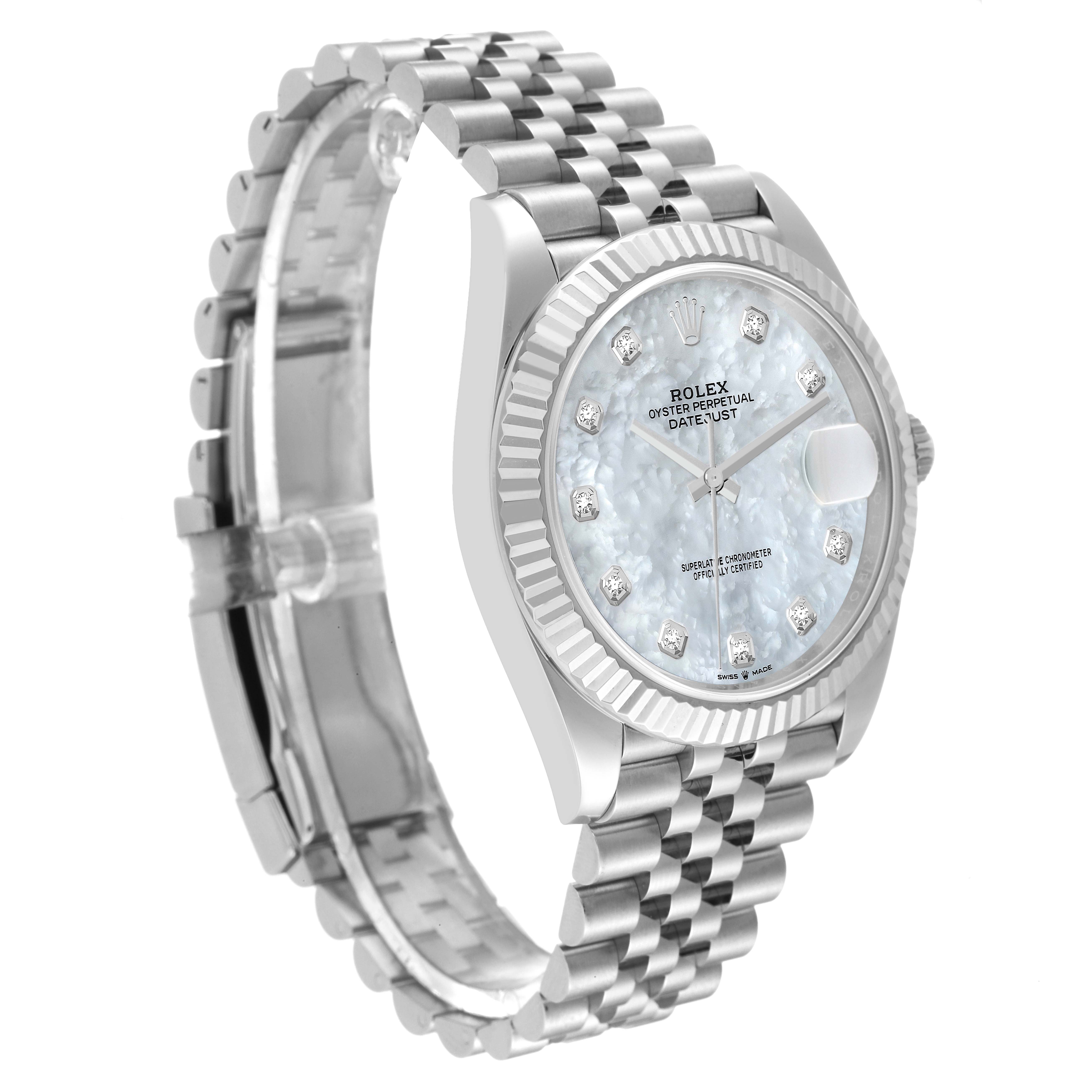 The image shows a Rolex Datejust 41 126334 Men's Stainless Steel Mother of Pearl Dial 126334 Men's Stainless Steel Mother of Pearl Dial watch angled to display its dial, bezel, and bracelet.