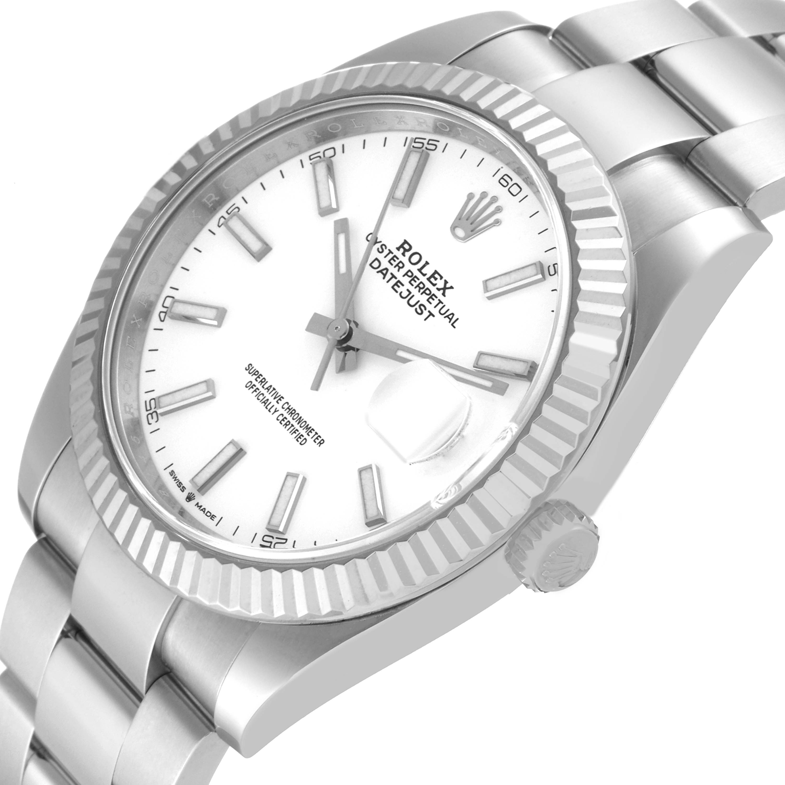 The Rolex Datejust 41 126334 Men's Stainless Steel White Dial 126334 Men's Stainless Steel White Dial watch is shown at a slight angle, highlighting the face, bezel, crown, and bracelet.