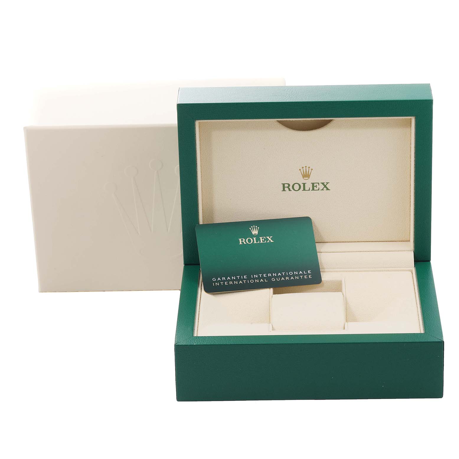 The image shows an open green Rolex box with a guarantee card for the Datejust 41 model.