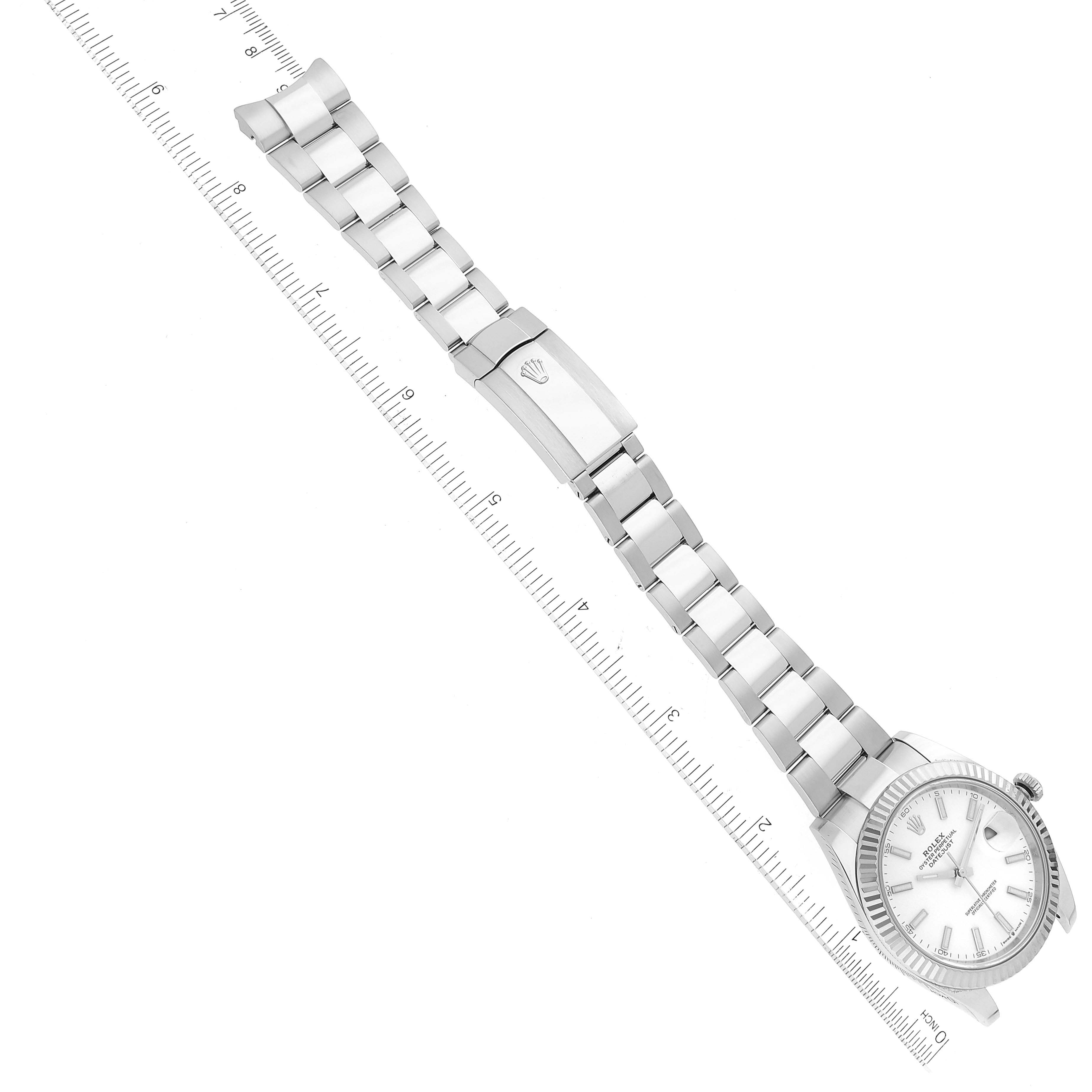 The image shows a top-down view of a Rolex Datejust 41 126334 Men's Stainless Steel White Dial 126334 Men's Stainless Steel White Dial watch, displaying its face, bezel, and bracelet.