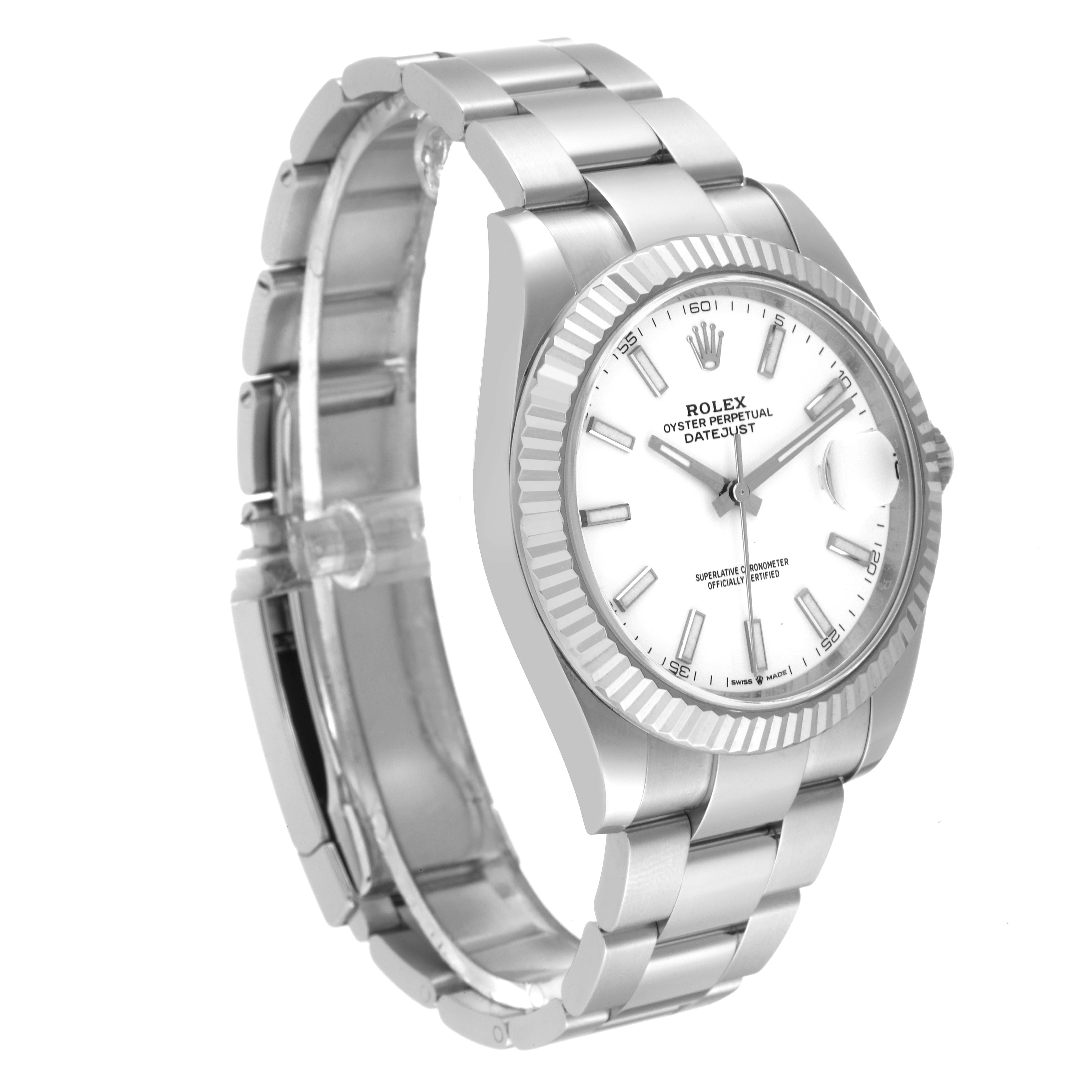 The image shows a Rolex Datejust 41 126334 Men's Stainless Steel White Dial 126334 Men's Stainless Steel White Dial model watch angled slightly from the left, highlighting the dial, bezel, and bracelet.
