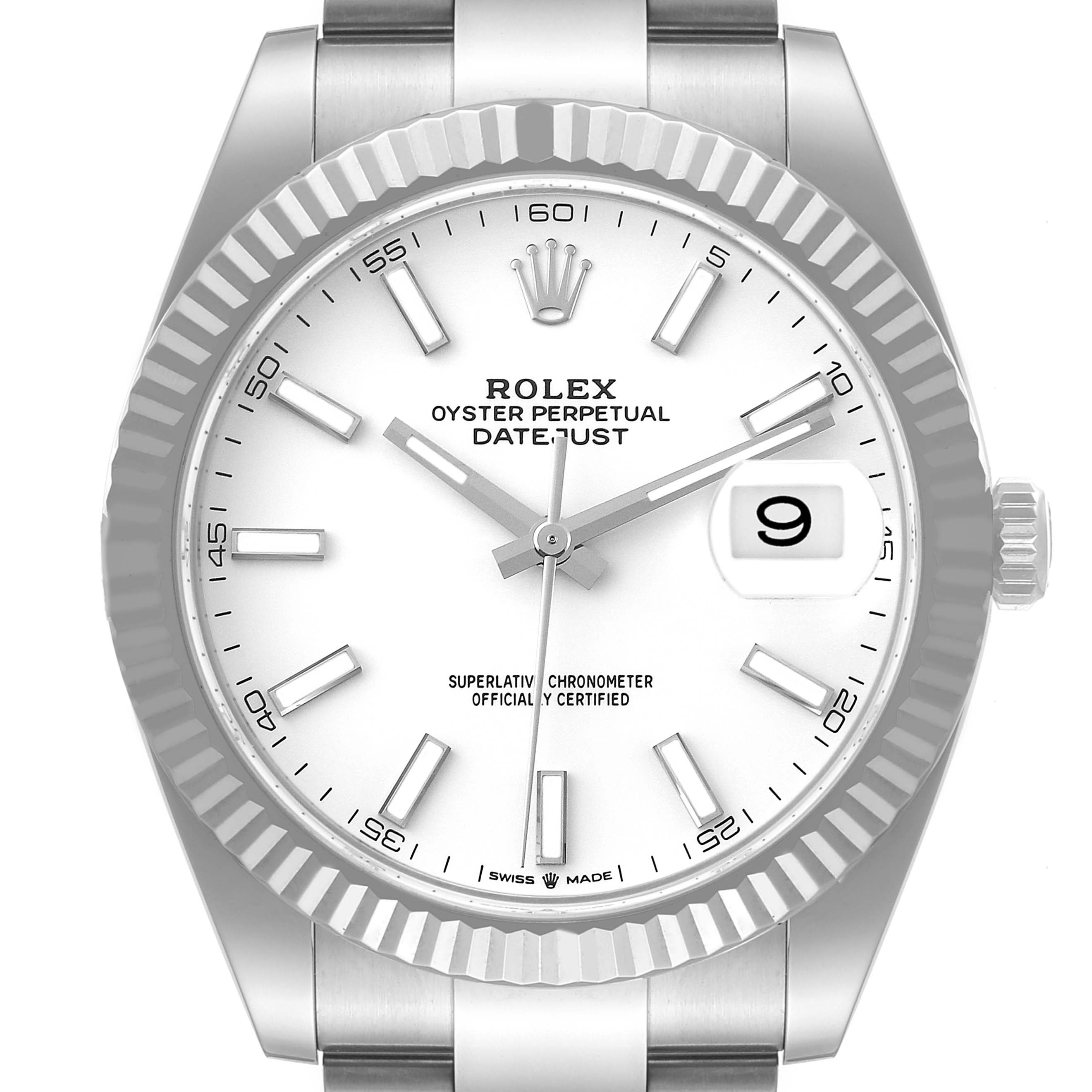 The image shows a front view of the Rolex Datejust 41 126334 Men's Stainless Steel White Dial 126334 Men's Stainless Steel White Dial watch, highlighting its dial, bezel, hands, and date window.