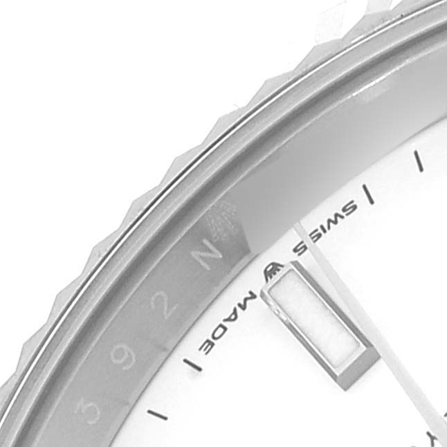 The image shows a close-up view of the dial and part of the bezel of a Rolex Datejust 41 126334 Men's Stainless Steel White Dial 126334 Men's Stainless Steel White Dial watch.