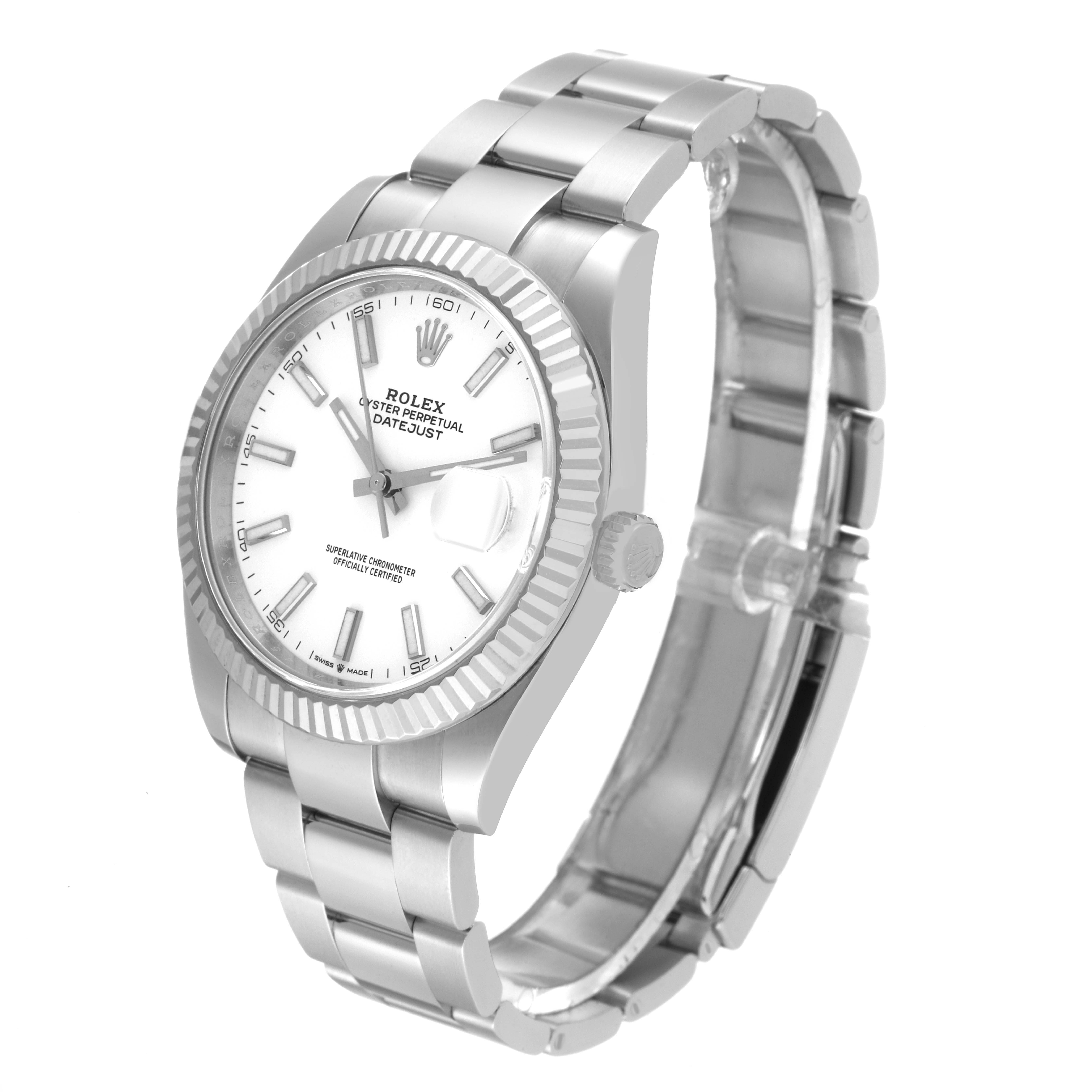 The image shows the Rolex Datejust 41 126334 Men's Stainless Steel White Dial 126334 Men's Stainless Steel White Dial model watch from a front-right angle, featuring its face, bezel, and bracelet.
