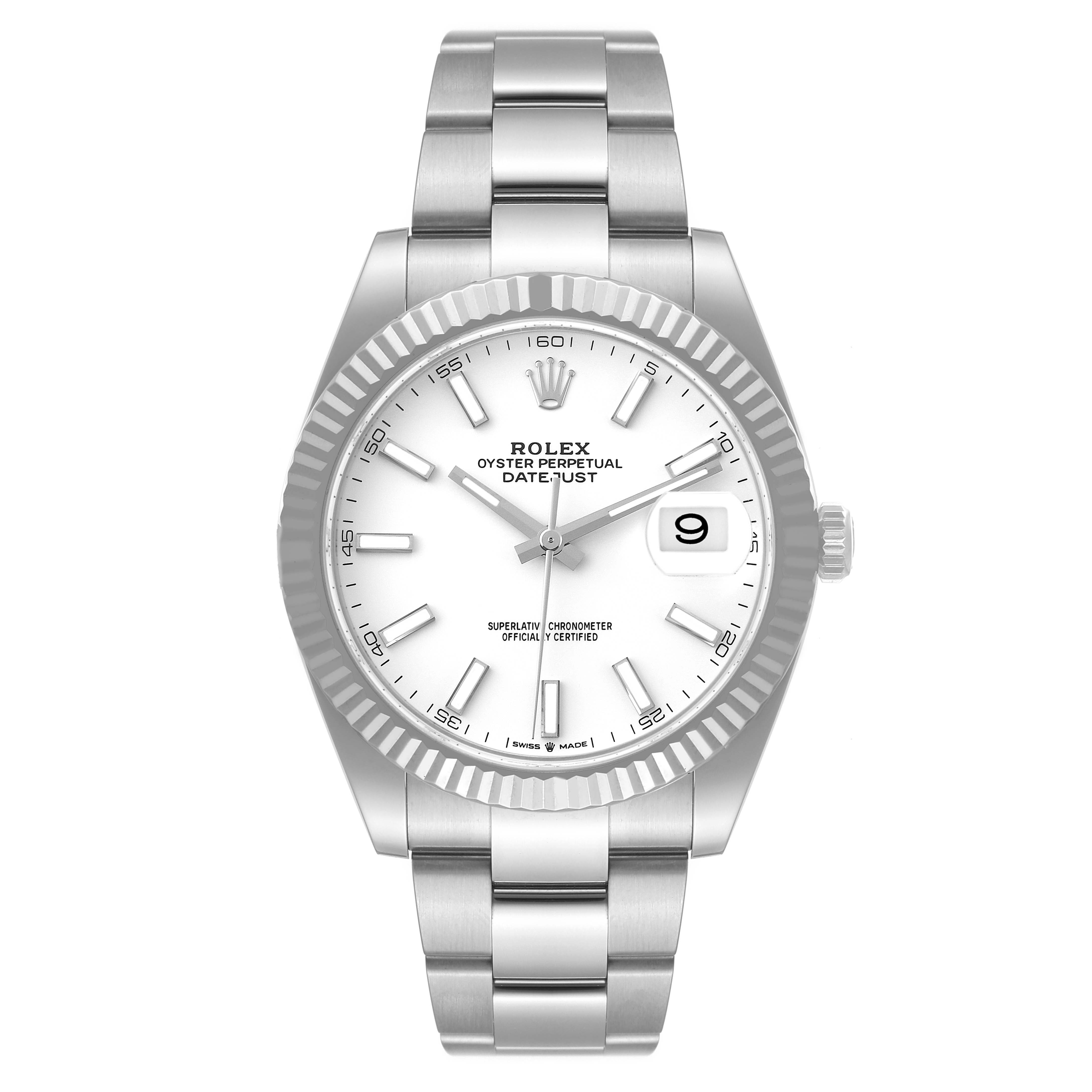 The image shows a front view of a Rolex Datejust 41 126334 Men's Stainless Steel White Dial 126334 Men's Stainless Steel White Dial watch, highlighting its white dial, fluted bezel, and Oyster bracelet.