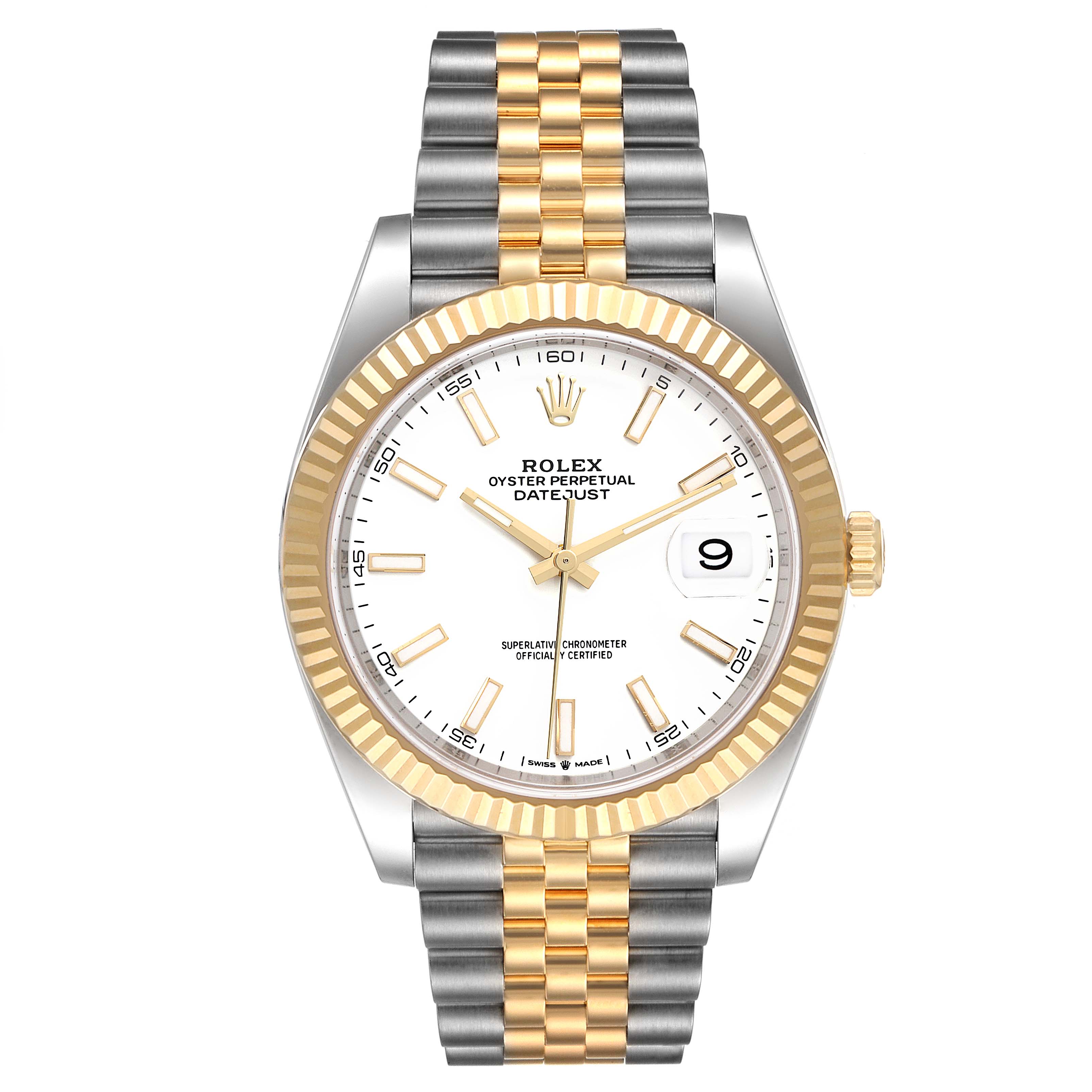 This image shows a front view of the Rolex Datejust 41 126333 Men's Stainless Steel White Dial 126333 Men's Stainless Steel White Dial, highlighting its white dial, gold fluted bezel, and two-tone bracelet.