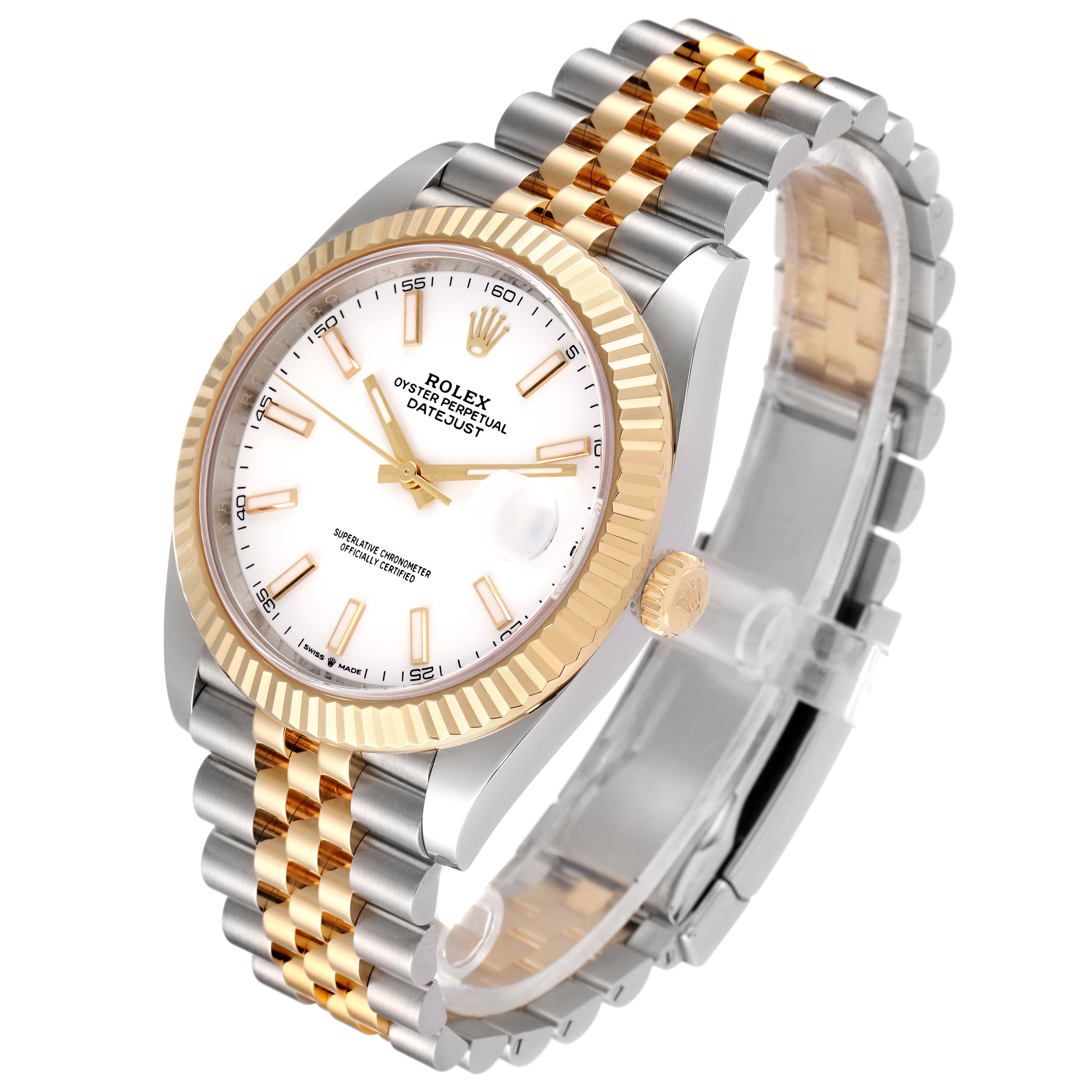 The image shows a Rolex Datejust 41 126333 Men's Stainless Steel White Dial 126333 Men's Stainless Steel White Dial watch at a slight angle, highlighting its white dial, gold fluted bezel, and two-tone Jubilee bracelet.