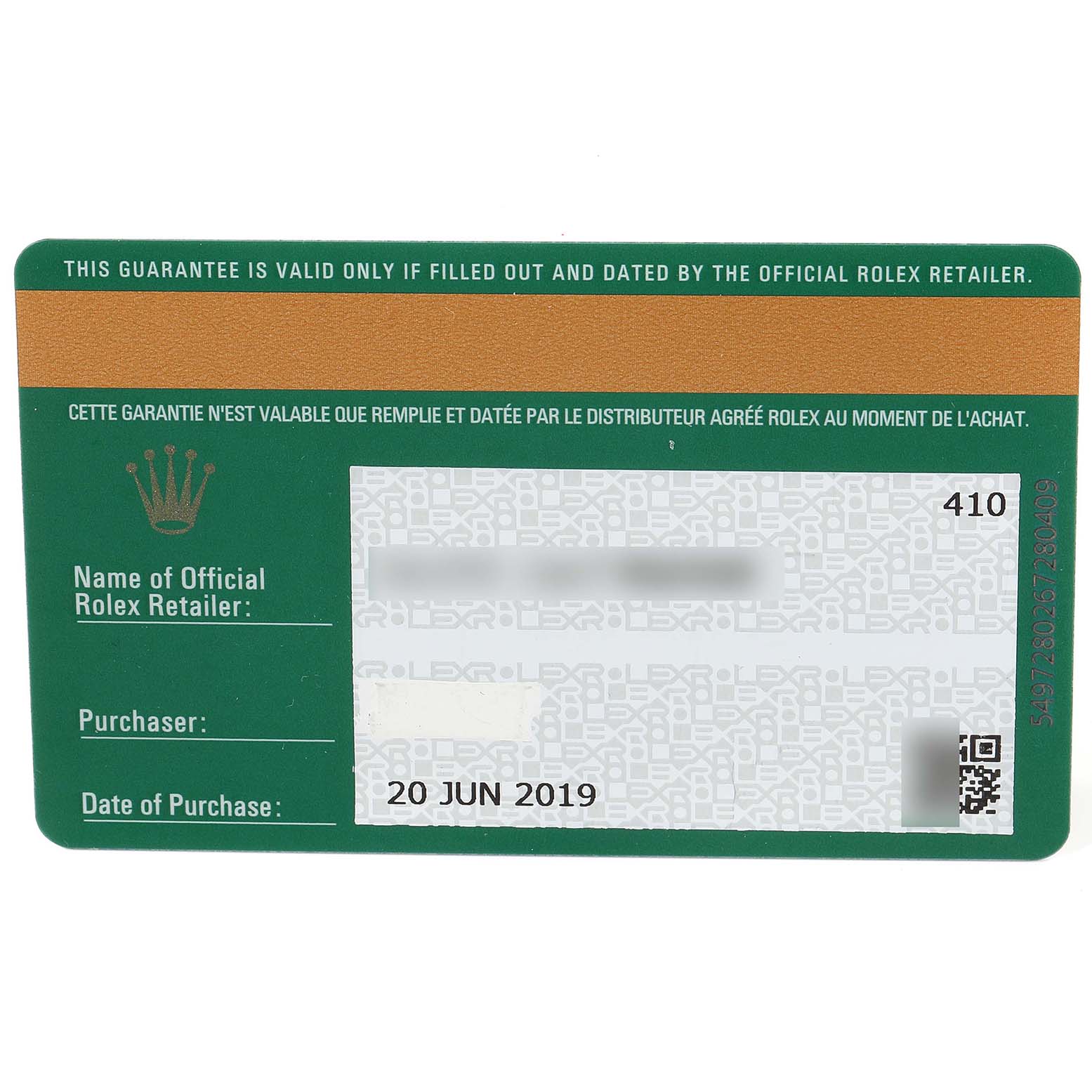 This is a guarantee card for the Rolex Datejust 41 126333 Men's Stainless Steel White Dial 126333 Men's Stainless Steel White Dial model, displaying purchase details and the official retailer's information.