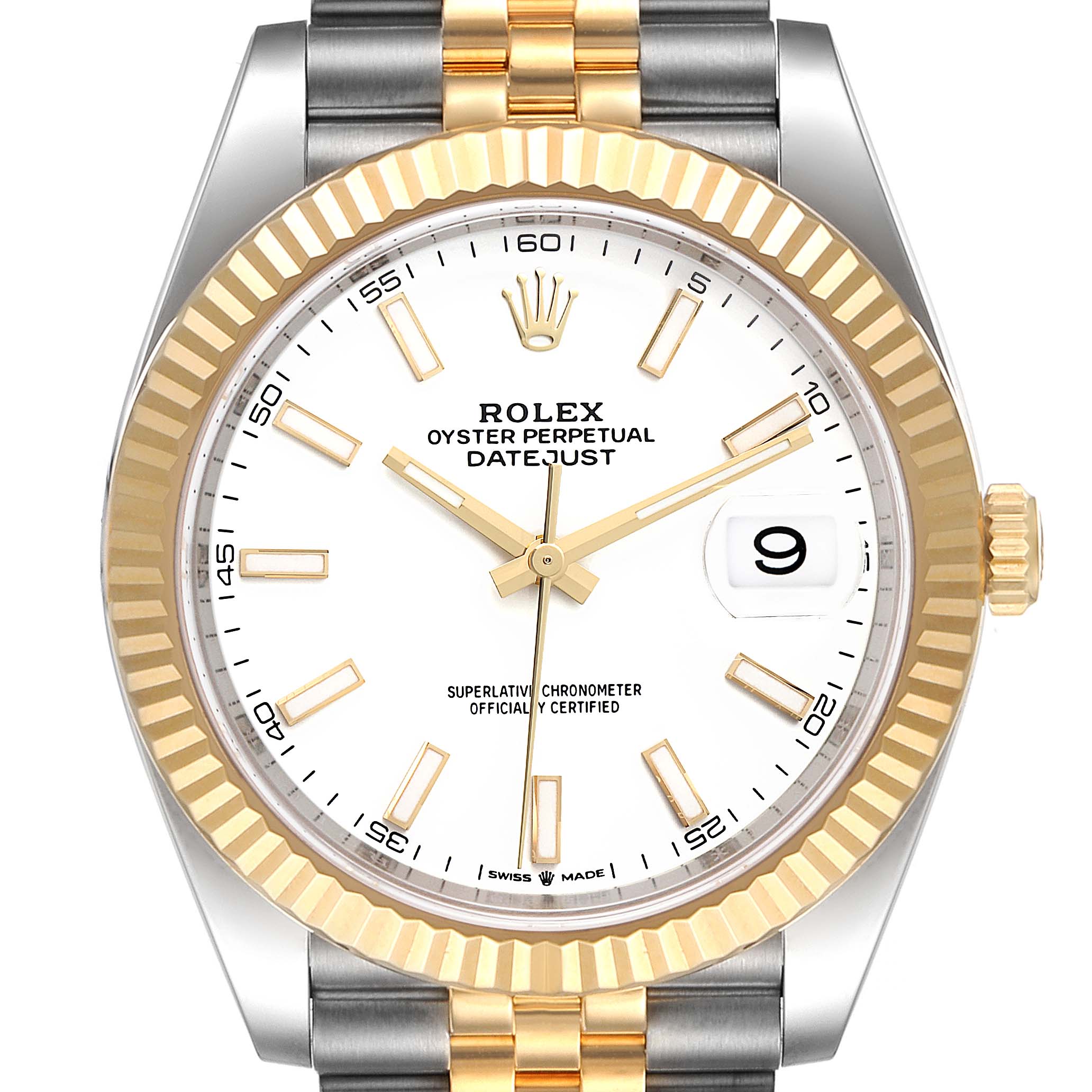 The image shows a front view of the Rolex Datejust 41 126333 Men's Stainless Steel White Dial 126333 Men's Stainless Steel White Dial watch, displaying its face, bezel, and part of the bracelet.