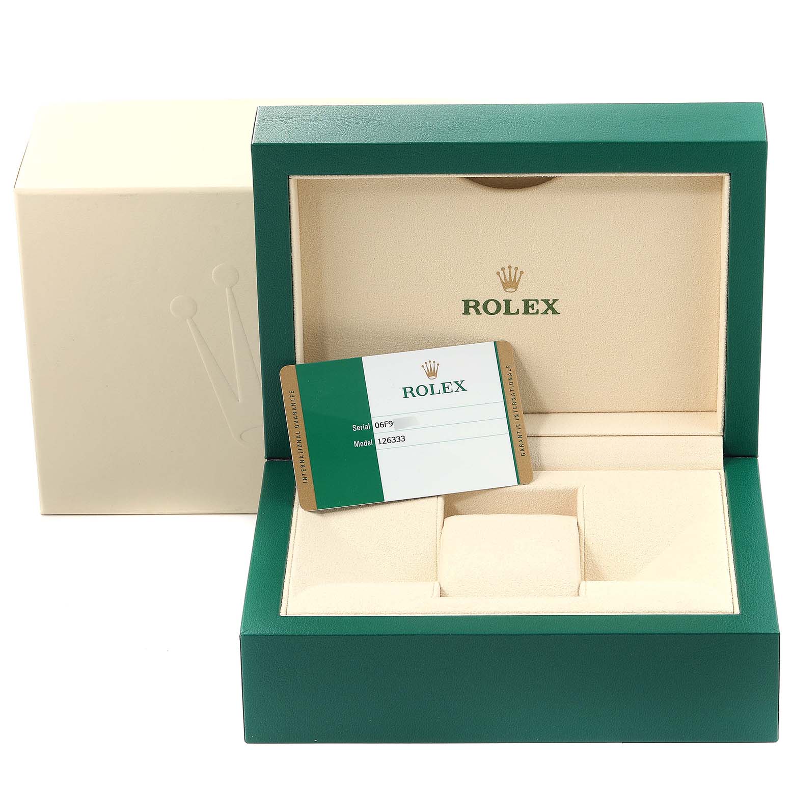 The image shows a green and beige Rolex box for the Datejust 41 model with an authenticity card.