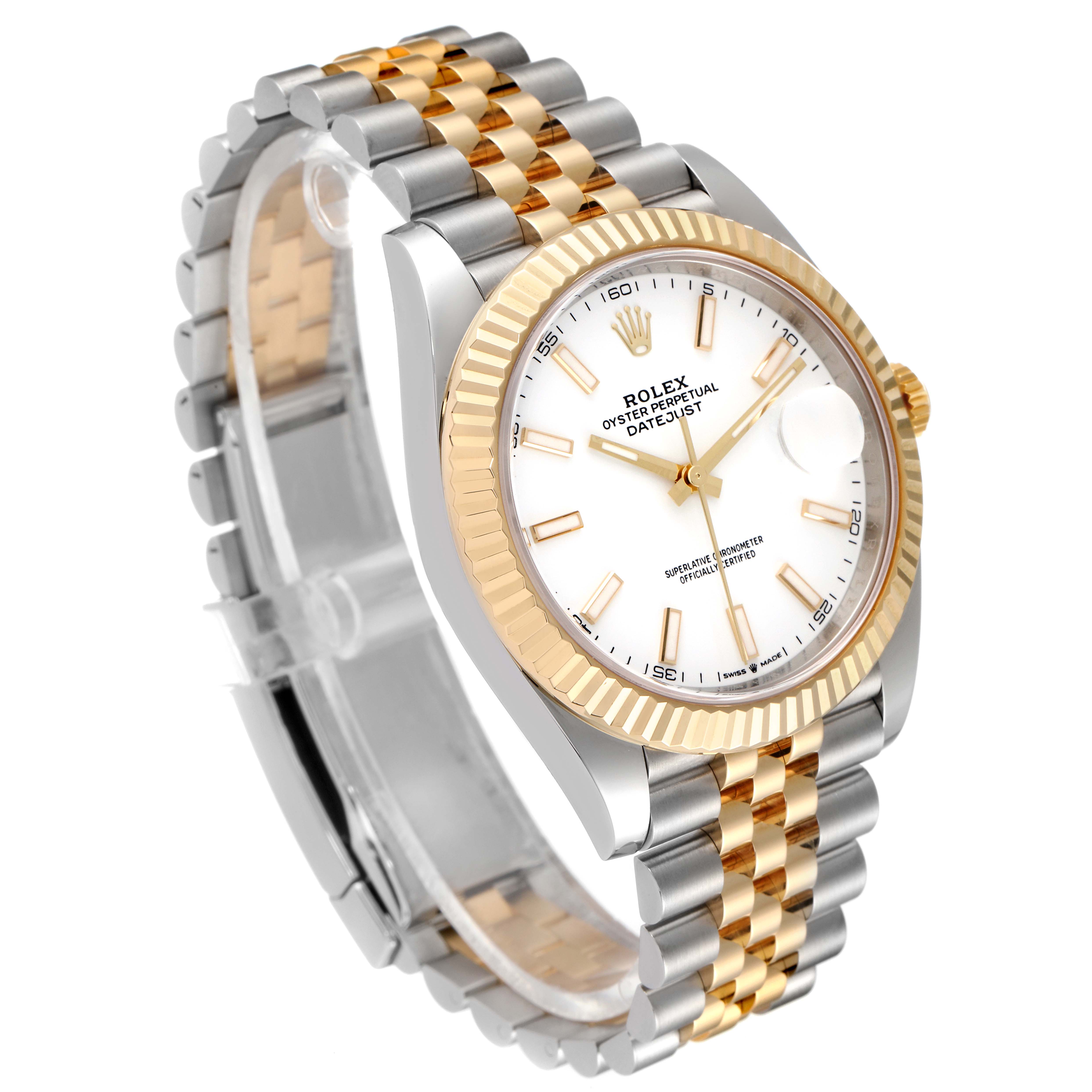 The image shows the Rolex Datejust 41 126333 Men's Stainless Steel White Dial 126333 Men's Stainless Steel White Dial model at a three-quarter angle, highlighting the watch face, bezel, and two-tone bracelet.