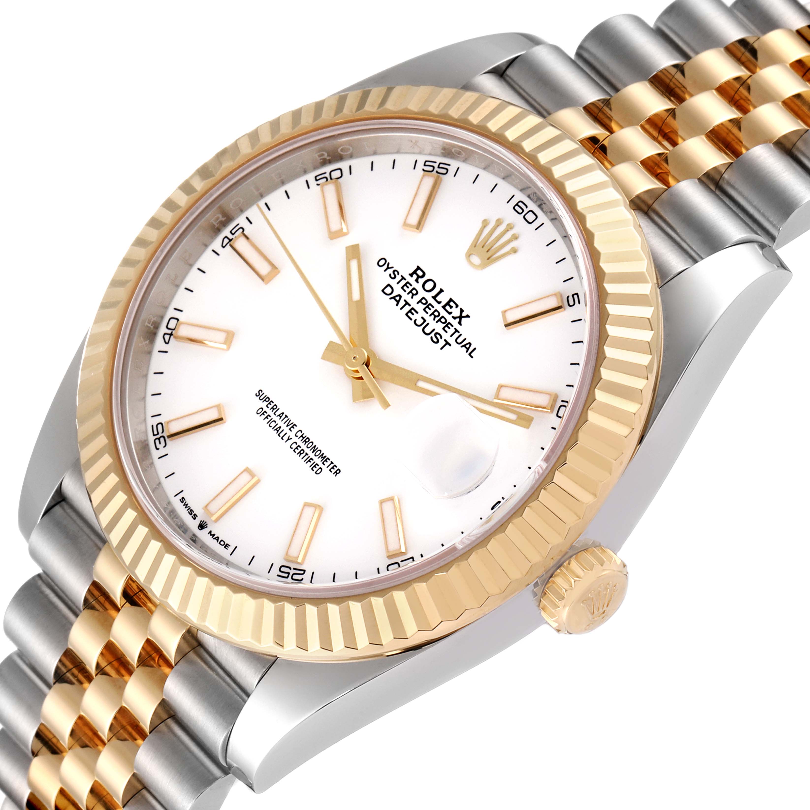 The image shows the face and bezel of the Rolex Datejust 41 126333 Men's Stainless Steel White Dial 126333 Men's Stainless Steel White Dial, displaying the crown and part of the Jubilee bracelet at an angled view.
