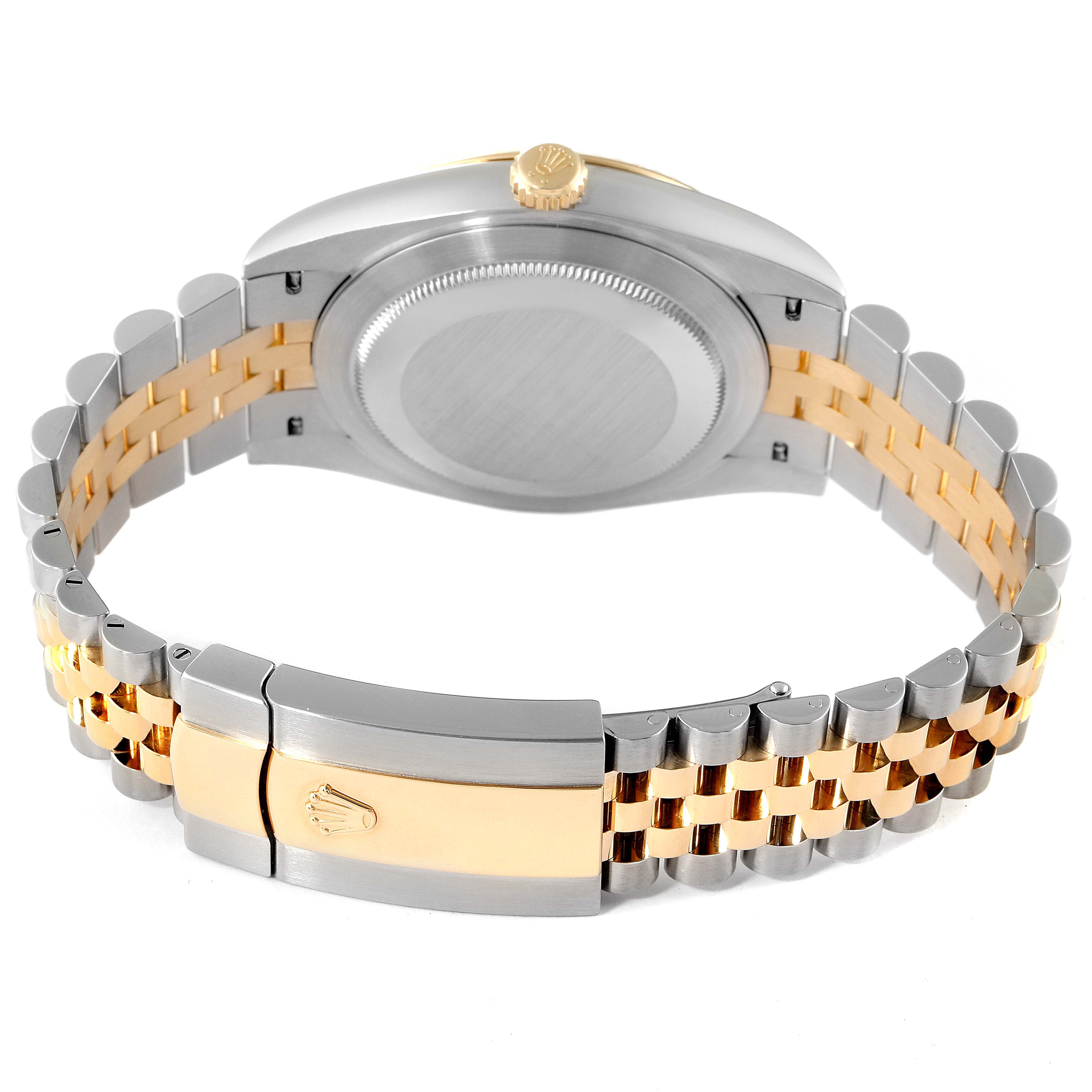 This image shows the back view of a Rolex Datejust 41 126333 Men's Stainless Steel White Dial 126333 Men's Stainless Steel White Dial watch focusing on the caseback and Jubilee bracelet.