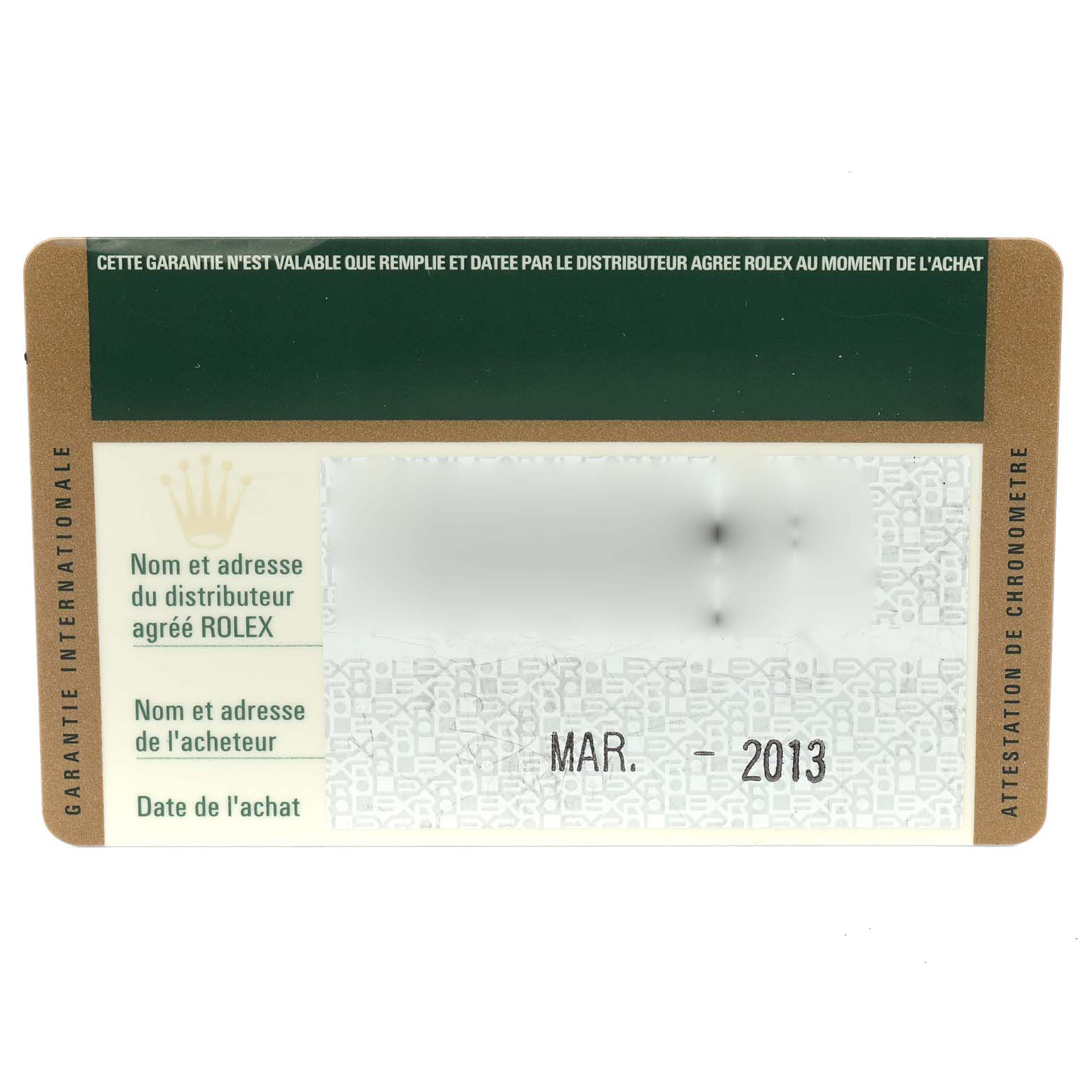 This image shows the warranty card for a Rolex Datejust 41 116334 Men's Stainless Steel Grey Dial 116334 Men's Stainless Steel Grey Dial watch, featuring purchase details and the Rolex logo.